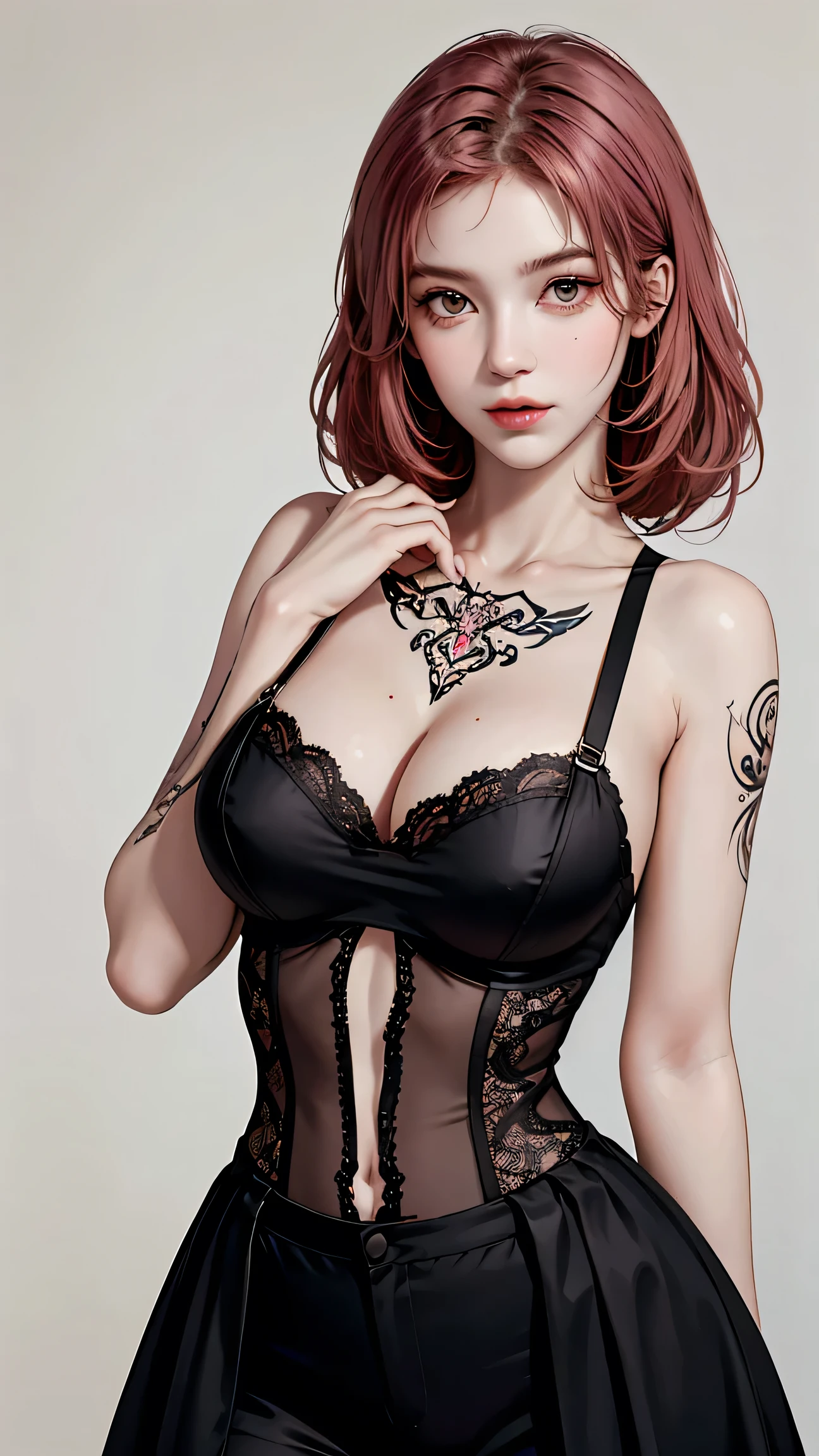 (Chest-pushing pose),(Random Hairstyles),(Best image quality,(8k),Ultra-realistic,最high quality, high quality, High resolution, high quality,Attention to detail,Beautiful details,Fine details,Highly detailed CG,Detailed Texture,Realistic facial expression,masterpiece,Presence),Bodysuits,stockings,Pink Hair, ,, (((Tight waist))), ((Big Breasts)),(See-through),(((He has many tattoos all over his body)),