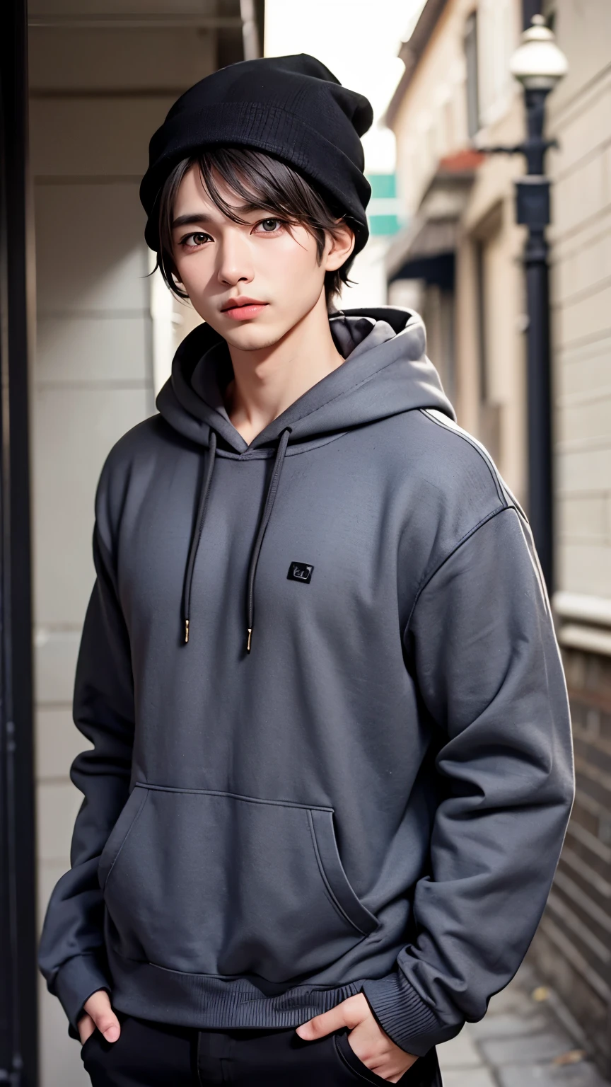 Handsome man、Black knit hat、Grey hoodie、Cool young man