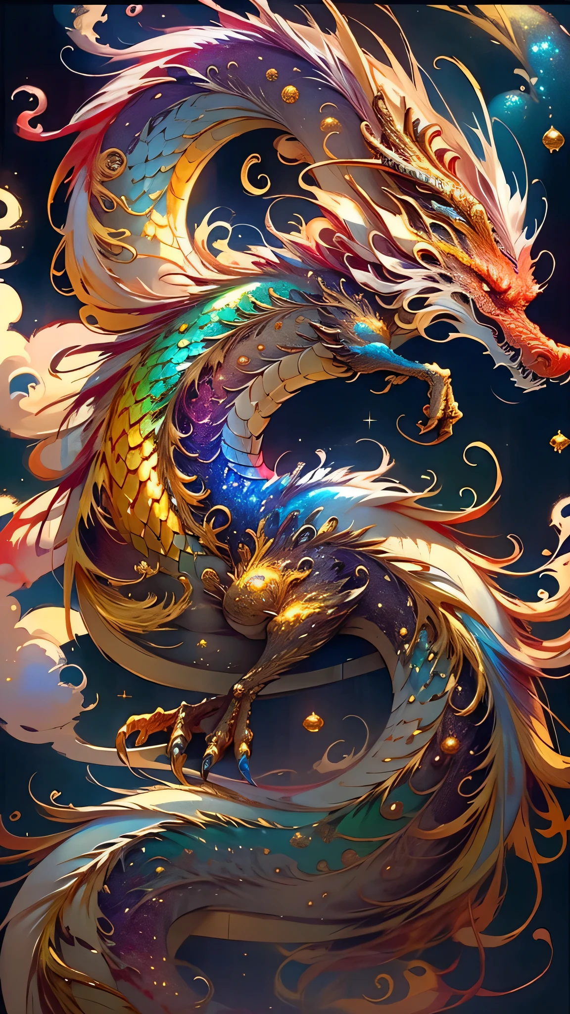 Golden Dragon。Rainbow glowing scales。The dragon god is coming。Golden Splash、milky way、god々々right、Staring straight ahead、Long red beard、golden horn