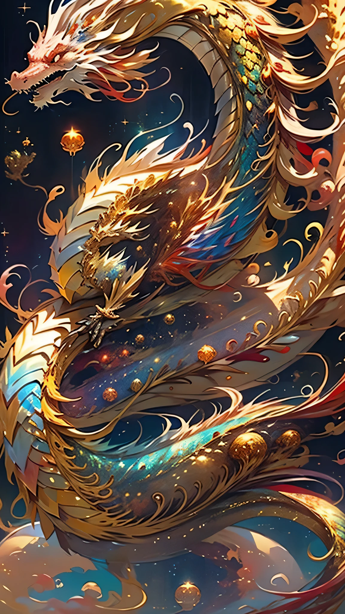 Golden Dragon。Rainbow glowing scales。The dragon god is coming。Golden Splash、milky way、god々々right、Staring straight ahead、Long red beard、golden horn