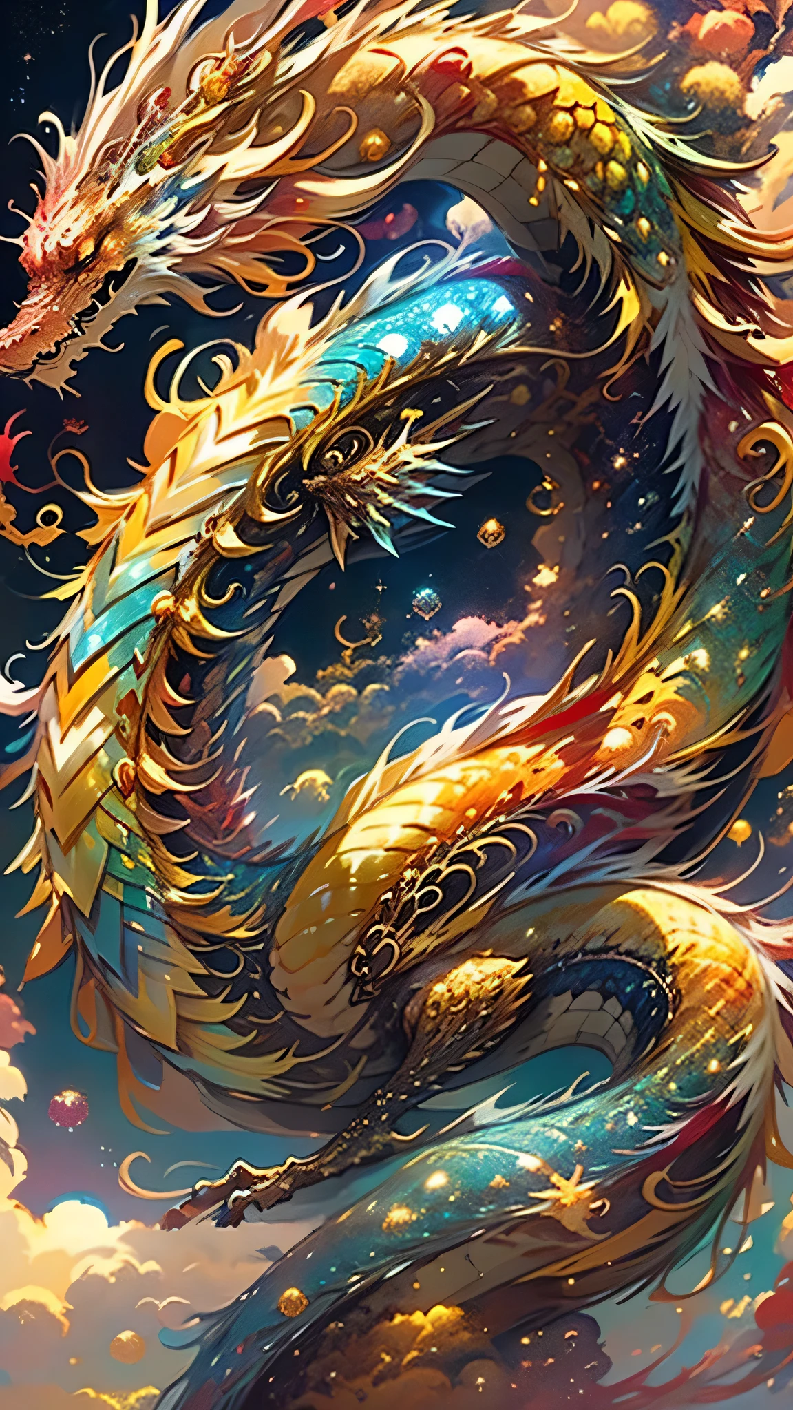 Golden Dragon。Rainbow glowing scales。The dragon god is coming。Golden Splash、milky way、god々々right、Staring straight ahead、Long red beard、golden horn