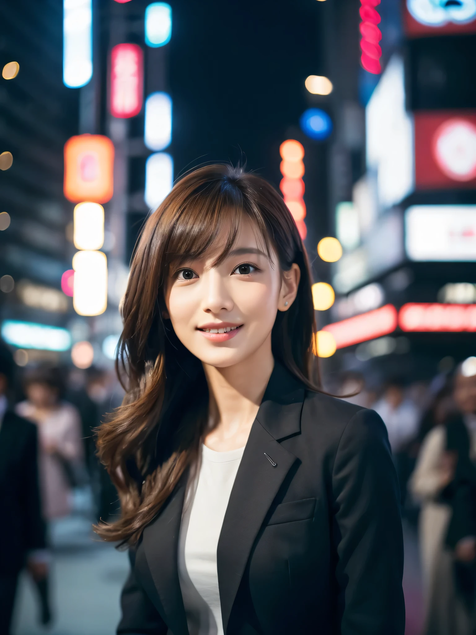 table top、highest quality、genuine、Super detailed、finely、High resolution、8k wallpaper、one beautiful woman、、、light brown disheveled hair、wearing a business suit、sharp focus、perfect dynamic composition、beautiful and detailed eyes、thin hair、Detailed genuine skin texture、smile、close-up portrait、model body shape、In Tokyo at night、
