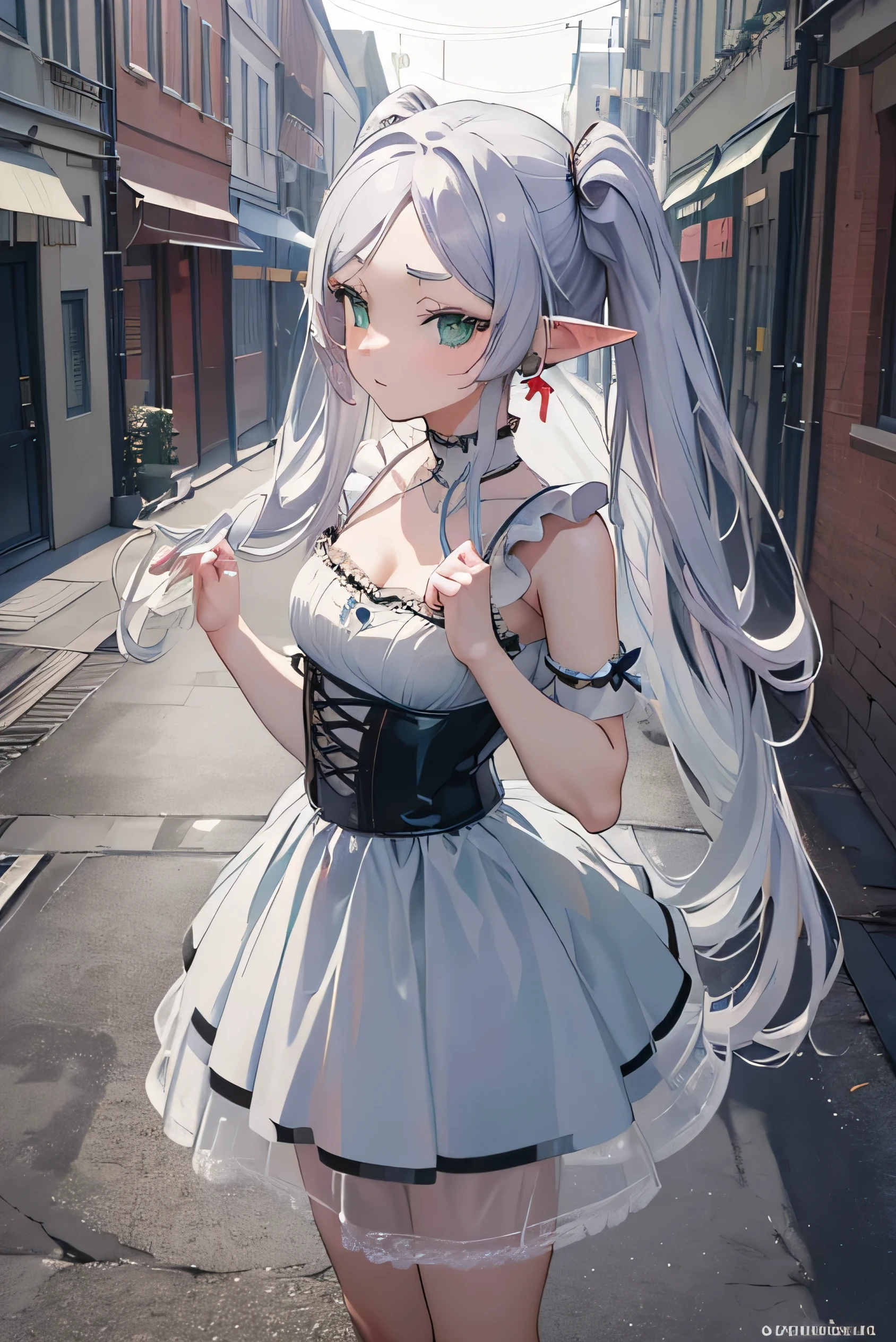 ((Freezing)), ((masterpiece)), (anime:1.5), (High resolution), (from the front), (Professional photography:1.2), (Cinema Lighting), (child),One girl, alone, (Flat body), (Contemptuous look), Standing on the roof, beautiful, Fairy, Pointed Ears, Gray Hair, (Long twin tails), Green Eyes, magic, ((Dim Alley)), Cityscape,In underwear, Sexy corsets, lace and lingerie with great detail,Bedroom, ((masterpiece)), (((highest quality))), ((Super detailed)) , break (masterpiece:1.2), highest quality, High resolution, unity 8k wallpaper, (figure:0.8), (Dense and beautiful eyes:1.6), Highly detailed face, Perfect lighting, Extremely detailed CG, (Perfect hands, Perfect Anatomy),