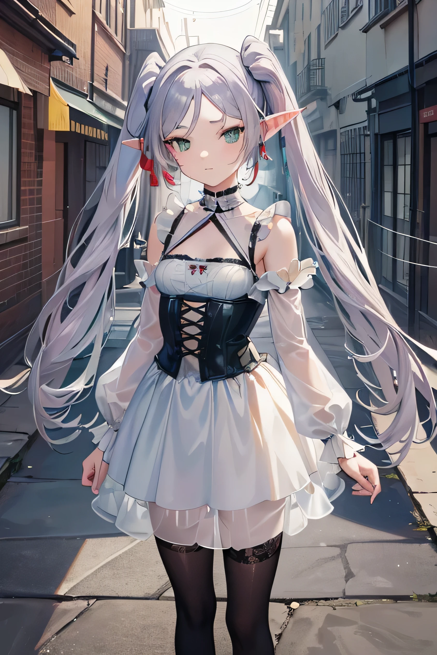 ((Freezing)), ((masterpiece)), (anime:1.5), (High resolution), (from the front), (Professional photography:1.2), (Cinema Lighting), (child),One girl, alone, (Flat body), (Contemptuous look), Standing on the roof, beautiful, Fairy, Pointed Ears, Gray Hair, (Long twin tails), Green Eyes,  magic, ((Dim Alley)), Cityscape,In underwear, Sexy corsets, lace and lingerie with great detail,Bedroom, ((masterpiece)), (((highest quality))), ((Super detailed)) , break (masterpiece:1.2), highest quality, High resolution, unity 8k wallpaper, (figure:0.8), (Dense and beautiful eyes:1.6), Highly detailed face, Perfect lighting, Extremely detailed CG, (Perfect hands, Perfect Anatomy),

