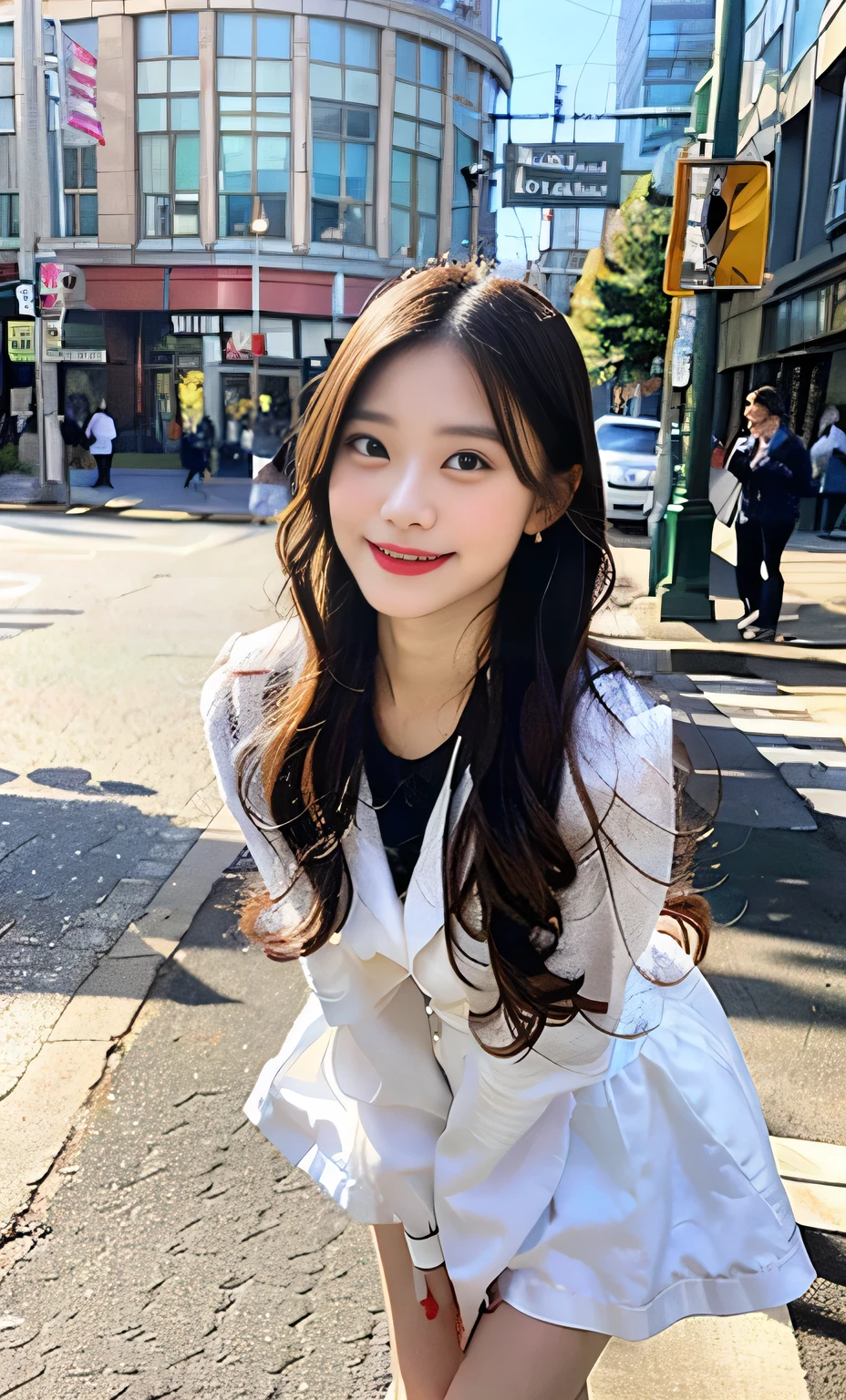 Ulzzang-6500-v1.1, (RAW Photos:1.2), (Realistic:1.4), Beautiful detailed girl, Very detailed eyes and face, Beautiful fine details, Beautiful legs、Ridiculous, Incredibly Ridiculous, Large file size, Super detailed, High resolution, Very detailed, highest quality, masterpiece, Kemomimi,(Idol Costumes), Face Light, Cinema Lighting, 1 girl, (smile), (Seductive poses))), Full length portrait of a high school girl standing in a bright city street。。She is wearing black loafers on her feet.、The shoes are clearly visible in the bright sunlight.。Behind him are tall buildings and people passing by.々You can see。Her expression is positive and confident。