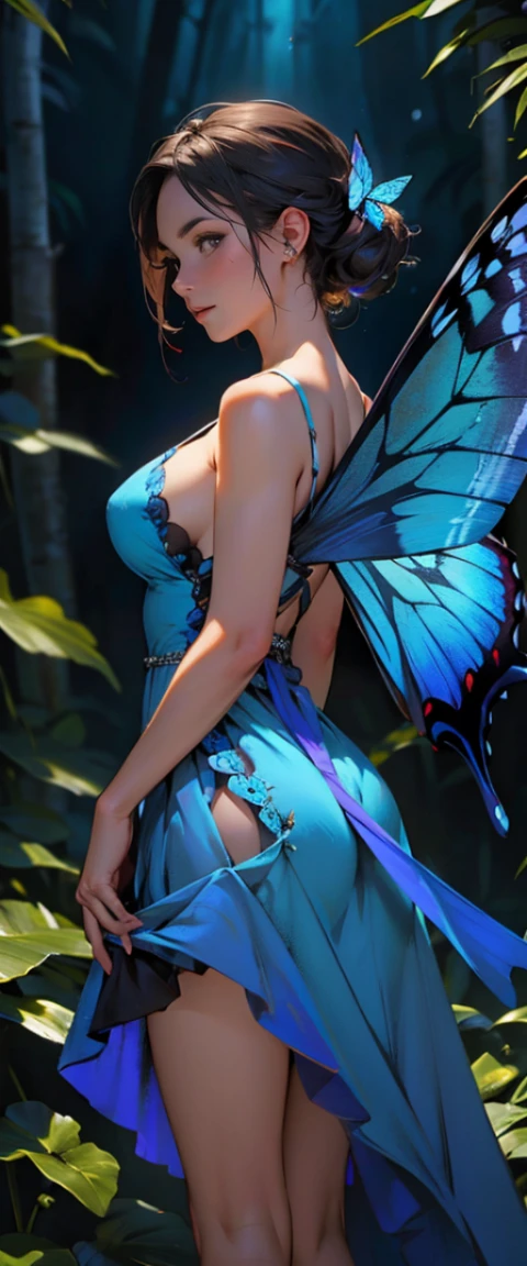 ((masterpiece, highest quality, Highest image quality, High resolution, photorealistic, Raw photo, 8K)), ((Extremely detailed CG unified 8k wallpaper)), A lone blue butterfly fluttering in the starry sky, Huge butterfly wings from the back, (blue glowing wings), Blue wings shining in the dark night, summer dress fluttering,