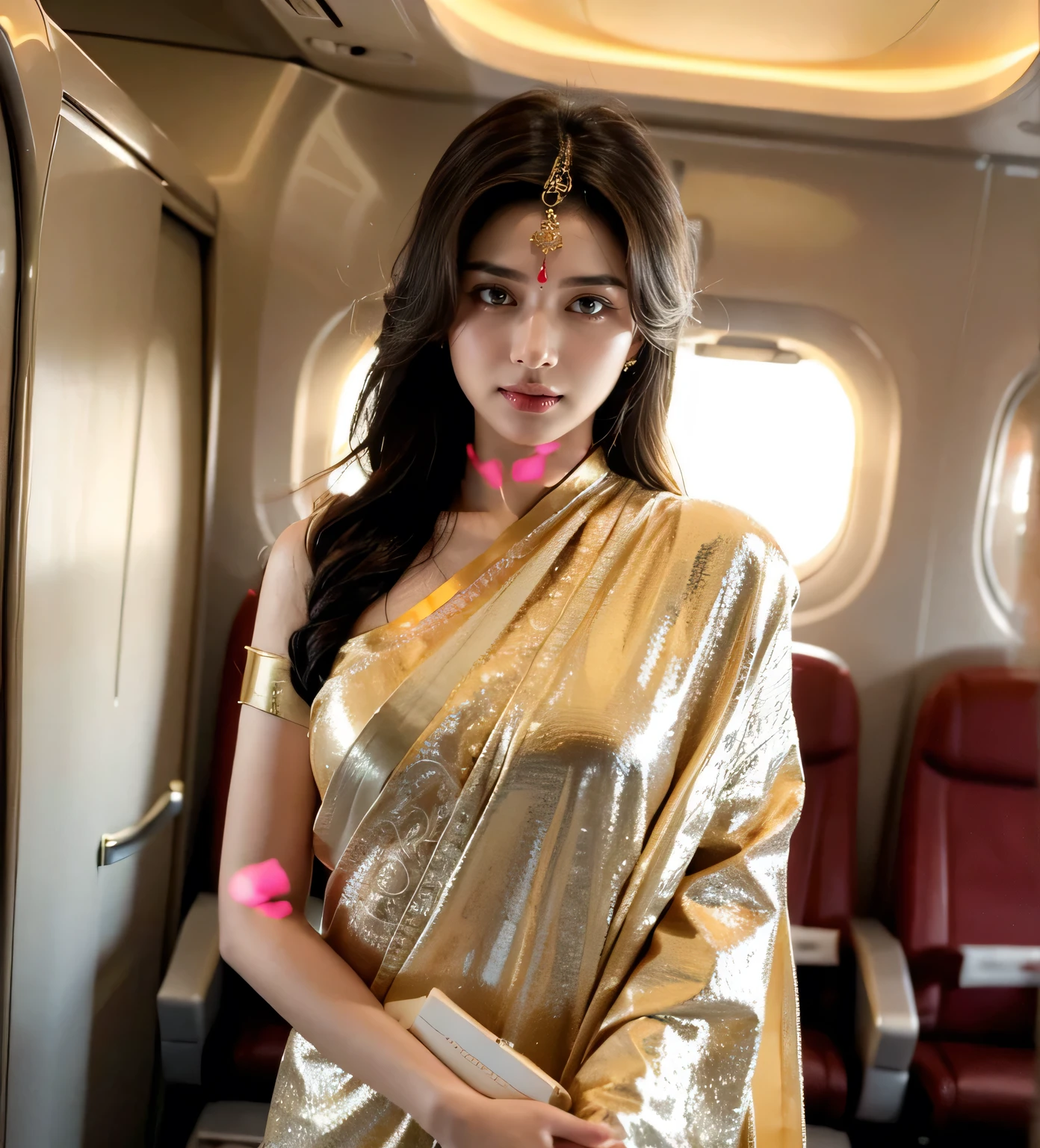 (goddess-like happiness:1.2), Indian stewardess, shoulder-length hair, wheat complexion, The hair is neatly tied up, on the plane, elegant, stunning, gorgeous, vivid, masterpiece, glamorous, realistic, aesthetic, depth of field, Best quality, masterpiece, ultra high res, photorealistic, raw photobest ratio, cinematic lighting, Indian Style, (RAW photo:1.2), (photorealistic:1.4), (masterpiece:1.3), (intricate details:1.2), A glamorous Indian beauty stewardess walks confidently and elegantly in the cabin of an Indian airliner wearing an Indian stewardess uniform.