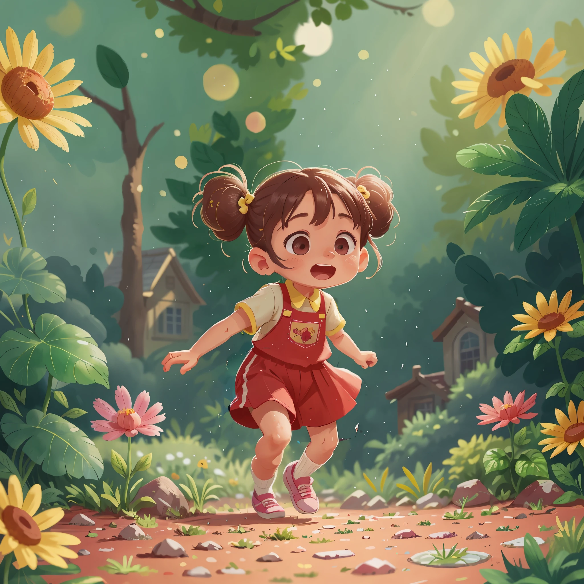 A 6--old l running in the garden, She wore red clothes,happy， perfect quality, Be focused (messy house: 0.8), (masterpiece: 1.2) (Practical: 1.2) (Bokeh) (best quality) (Delicate skin: 1.3) (Intricate details) (8k) (Eye details)