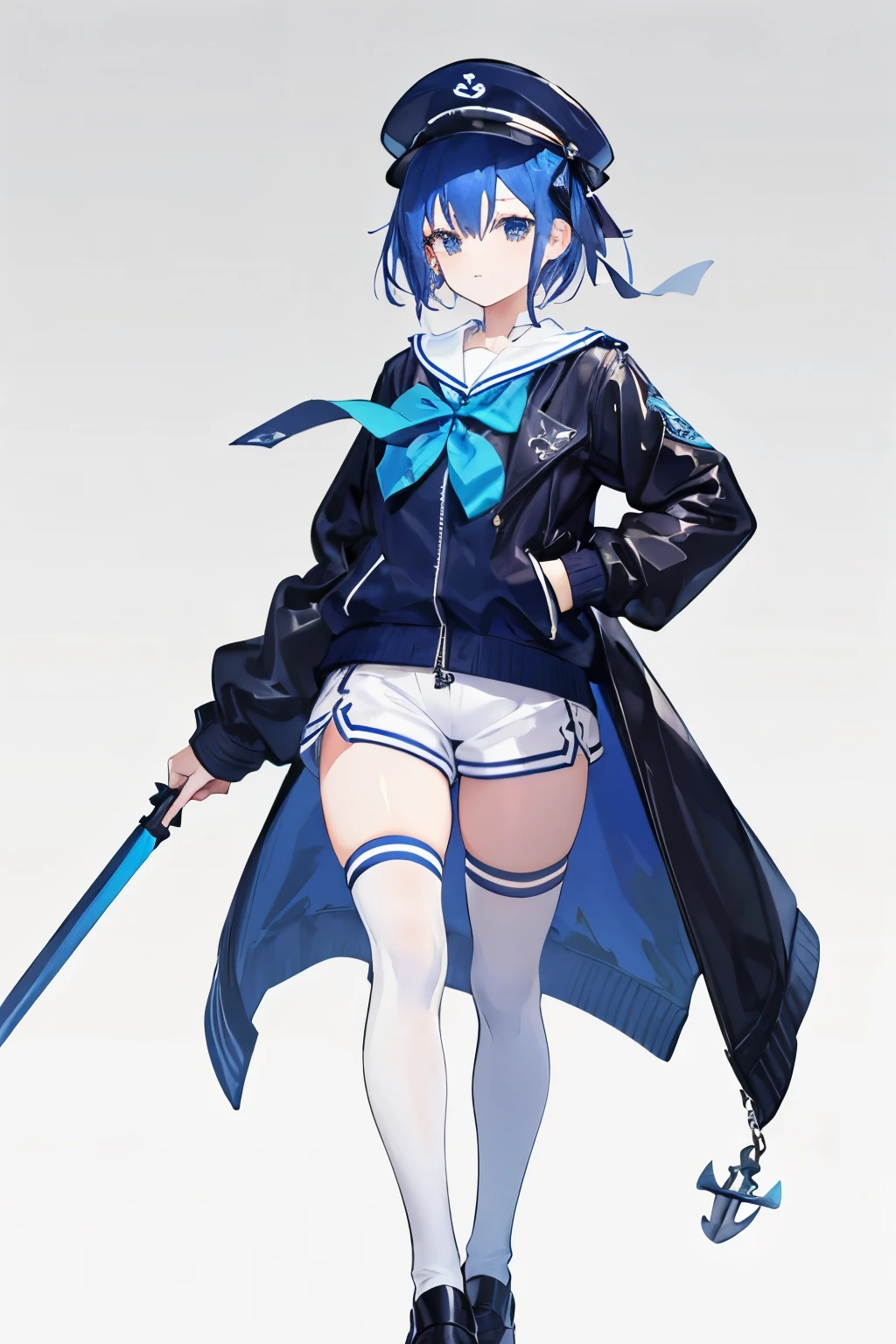 1People Women、White Sailor Suit、The sleeves are very wide、The ribbon on the sailor suit is blue.、White shorts、Black knee-high socks。Wearing a leather jacket。Androgynous woman with short blue hair。 Wearing a Navy hat、Fantasy giant anchor on background