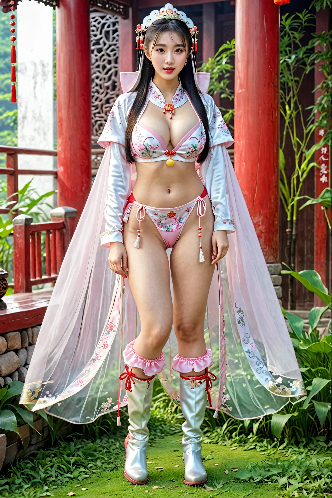 She looks like a very confident girl, full body xianxia, Chinese Hanfu, sexy red bikini,High-cut bra,red underwear,Long-legged girl,Put on your boots,pink boots,Very large breasts,Put on your hat,fantasy服装, Put on the priest's cloak, Black cloak all over, 穿着fantasy服装, Standing on the grass,Facing the audience,Standing on the grass, Real 8000g,Impeccable,masterpiece,Professional artwork,Masterpieces,Light,Movie Bloom,Perfect face,Pretty Face,fantasy,Dreamy and magical,not real,Intricate details,beautiful pattern