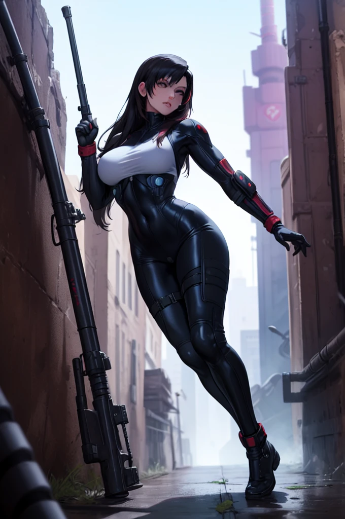 Tifa Lockhart reimagined as a female solide snake frome metal gear solid, full body, blue bodysuit, sneaking suit, action pose, shinra military base, shinra budling, actical gear, military base background, radio tower background, science fiction background, futuristque background ,