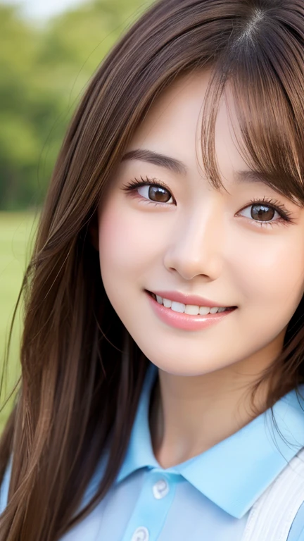 Brown Hair,Medium Hair,20-year-old female, Small nose, With the correct face, Cute natural smile, Japanese facial features, A clean and cute face, Cute realistic portrait, Asian Face, 8K Photo, Soft Makeup,Natural skin texture,Raw photo,highest quality,Full Body Shot,Playing golf
