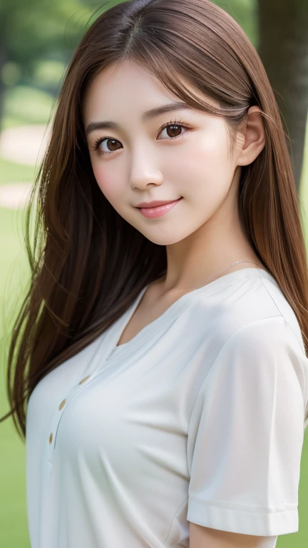 Brown Hair,Medium Hair,20-year-old female, Small nose, With the correct face, Cute natural smile, Japanese facial features, A clean and cute face, Cute realistic portrait, Asian Face, 8K Photo, Soft Makeup,Natural skin texture,Raw photo,highest quality,Full Body Shot,Playing golf