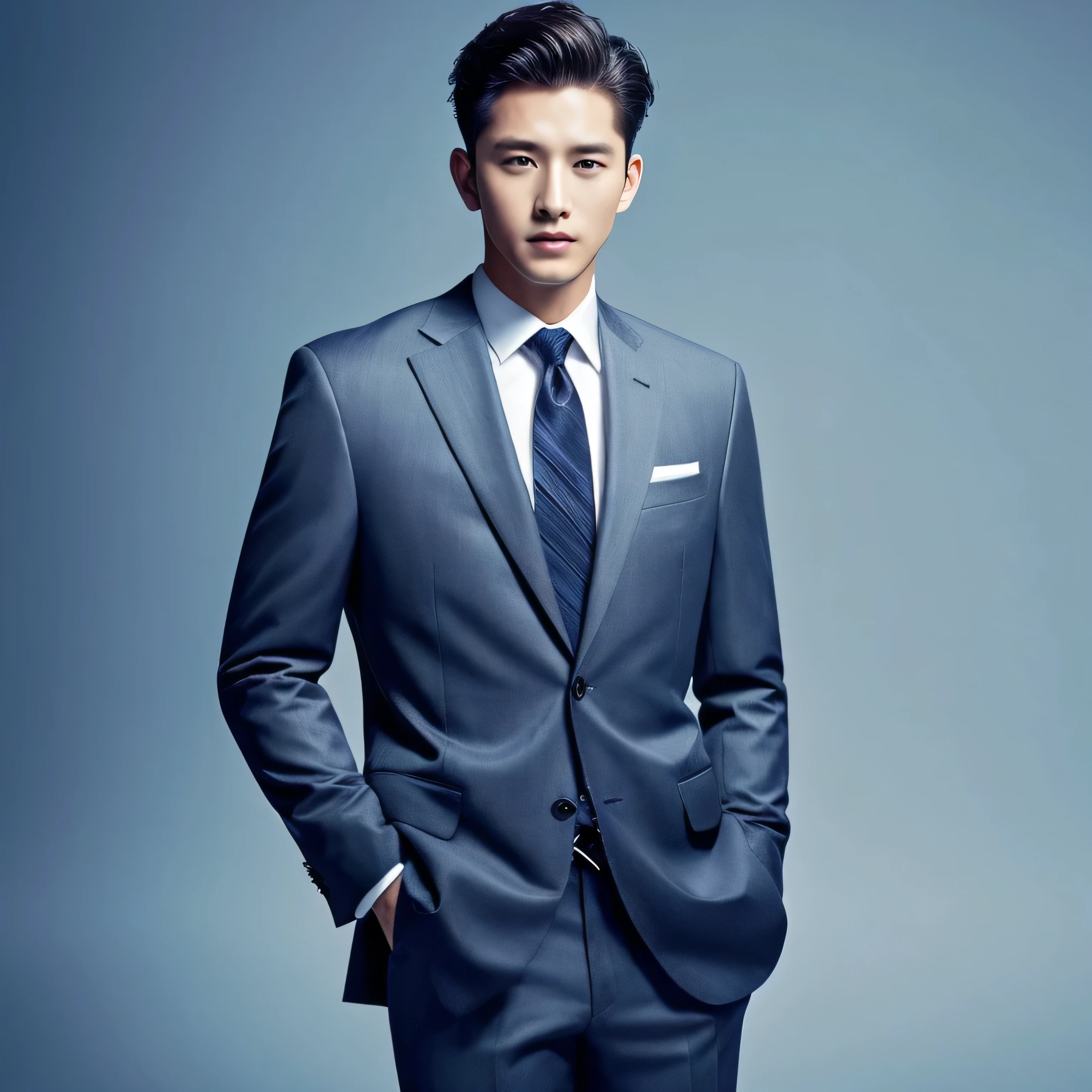 handsome president 30th generation Wearing a suit Luxury Suits Navy Blue Suit short hair A man who looks strong Cool guy Office Background Only the upper body is shown Look forward High resolution Picturesque images