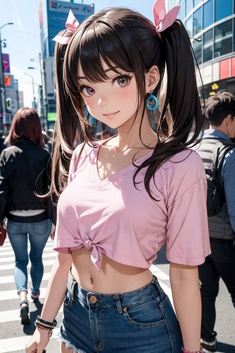 smile, looking straight, Anime style illustration of a young girl with brown hair in twin tails tied with pink ribbons, wearing a vivid cropped top, denim miniskirt, and platform boots. She has large earrings and multiple bracelets, sparkling in the sunlight. Her expression is more distinctly cute and slightly emotional. The background is the busy Shibuya Scramble Crossing during a sunny day, with active people and colorful advertising boards, conveying urban vigor and energy.