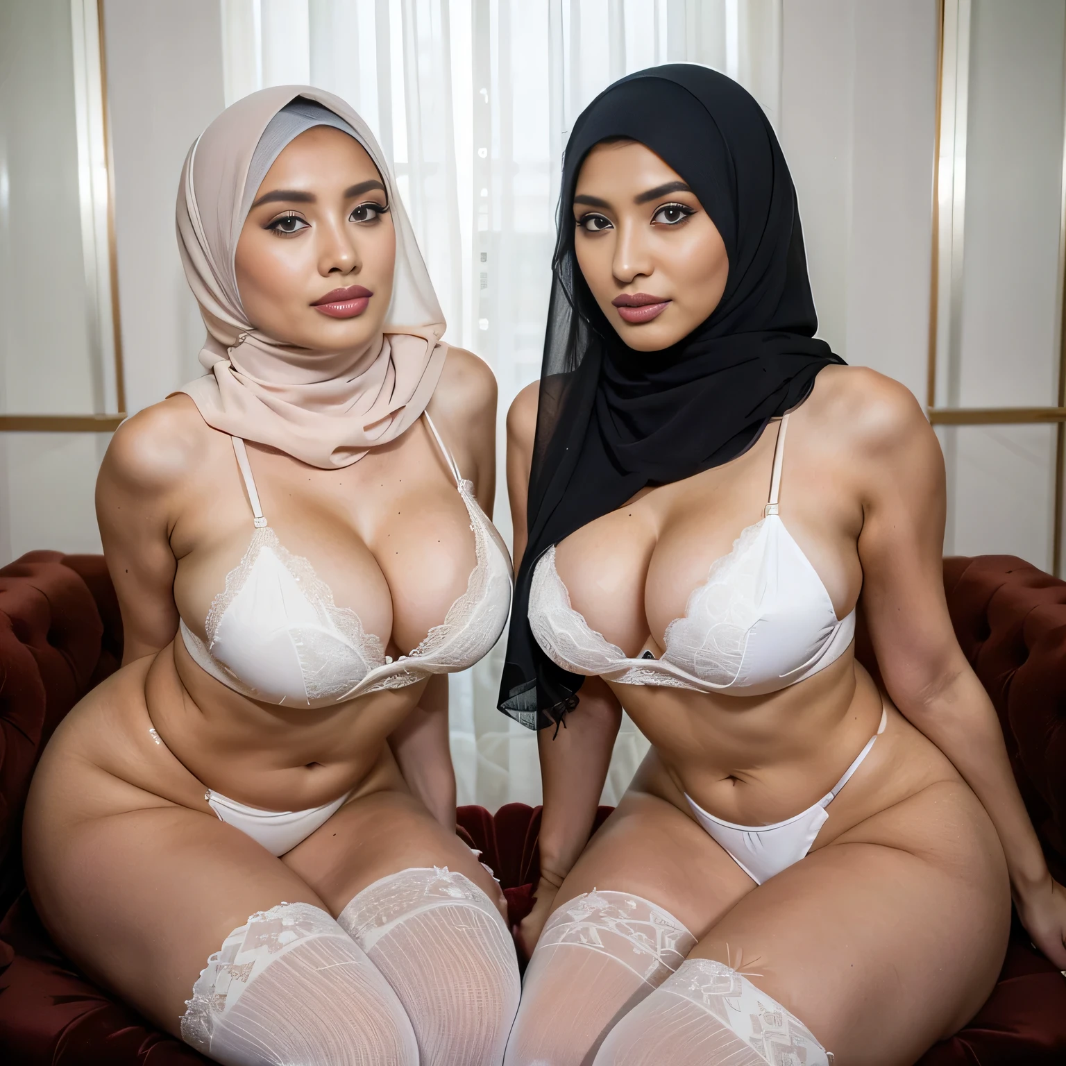 In a regal setting, two sexually attractive hourglass figure adult video star hijabi Muslim MILF sit side by side on a magnificent throne, radiating elegance and confidence. They share the same height and body proportions, creating a visually stunning image of unity and strength.

Both ladies wear white (lace hijabs), beautifully wrapped around their heads, framing their faces and accentuating their natural beauty. The delicate lace adds a touch of femininity and sophistication to their overall look.

Complementing their hijabs, both ladies wear white stockings string bra string thong that add a subtle hint of allure to their ensemble. The stockings enhance their elegant and poised posture, further highlighting their hourglass figures.

Their makeup is flawlessly applied, with striking red lips, voluminous mascara, captivating eye shadow, precise eyeliner, and luxurious lashes. These elements enhance their already mesmerizing features, drawing attention to their expressive eyes.

As they sit close to each other on the throne, they exude a sense of unity and sisterhood. Their presence showcases the beauty and strength of hijabi Muslim women, empowering others to embrace their identities and celebrate their unique beauty.

she is looking at viewer, skin texture, ultra high res, RAW, instagram LUT, masterpiece, best quality, ultra-detailed, ultra high resolution, RAW, 4k, (looking at viewer), extremely detailed eyes and face, ((beautiful detailed nose)), ((beautiful detailed thigh)), ((beautiful detailed eyes)), perfect body proportion,  (looking at the camera), seductive face, cheerful, happy, (red thighhighs) (hijab) (SFW:1.5), five fingers, detailed fingers, (string bikini), sexually satisfying face