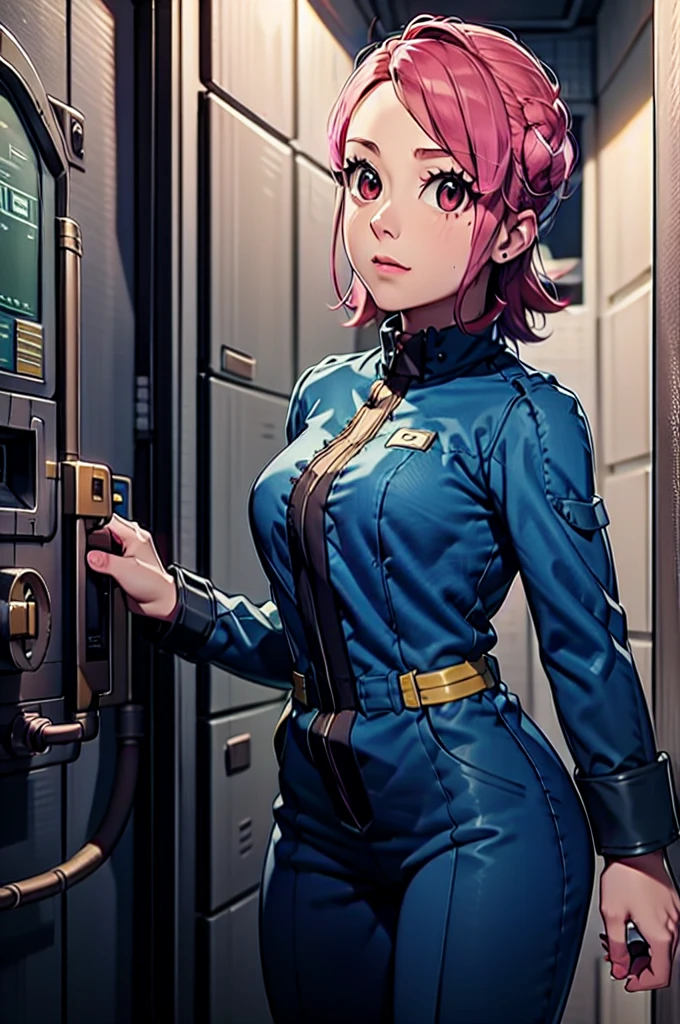 Mayl Sakurai reimagined as a vault dweller in vault doing maintenance, pipboy, pink hair, 26year old, vault dweller jumpsuit,milf, underground, indoor