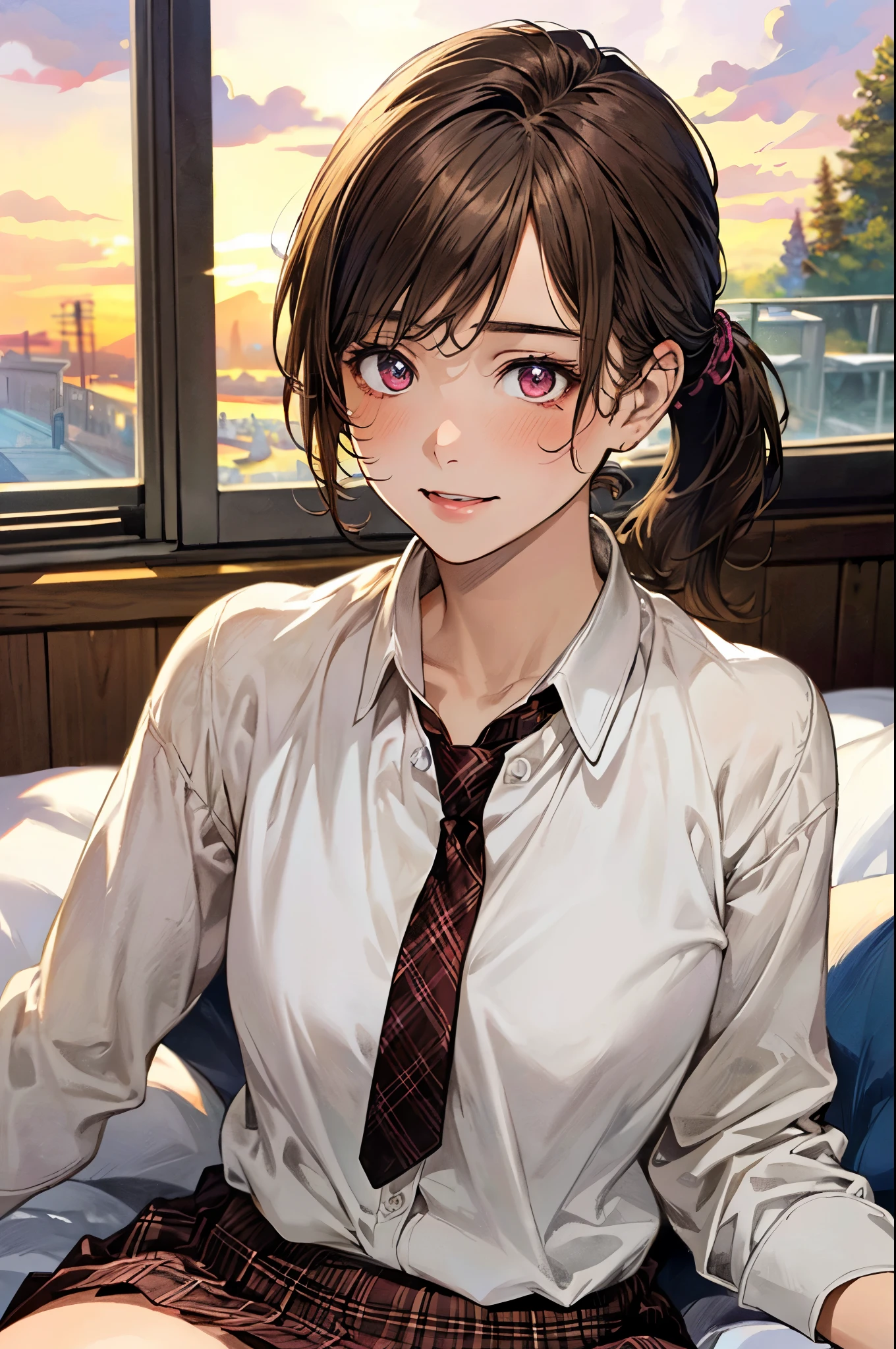 (masterpiece:1.3, top-quality, ultra high resolution, ultra detailed), (realistic, photorealistic:1.4), beautiful illustration, perfect lighting, natural lighting, depth of fields, portrait,
beautiful detailed hair, beautiful detailed face, beautiful detailed eyes, beautiful clavicle, beautiful body, beautiful chest, beautiful thigh, beautiful legs, beautiful hands, super detailed skin,
looking at viewer, (face focus, upperbody), 1 girl, high school girl, 12 years, old, (perfect anatomy, anatomically correct), cute and symmetrical face, babyface, perfect face, perfect eyes,
(short hair, low ponytail:1,2, light brown hair), crossed bangs, gold eyes, long eye lasher, (medium breasts, juicy thighs, attractive thighs, cleavage:1.0),
((detailed cloth texture, brown school blazer, long sleeves white collared shirt, dark red tie, purple plaid micro mini skirt, ), dark brown hair chouchou, finest underwear),
(beautiful scenery), evening, (girl's room, bed), (lying, hands on chest), (seductive smile, upper eyes, parted lips),