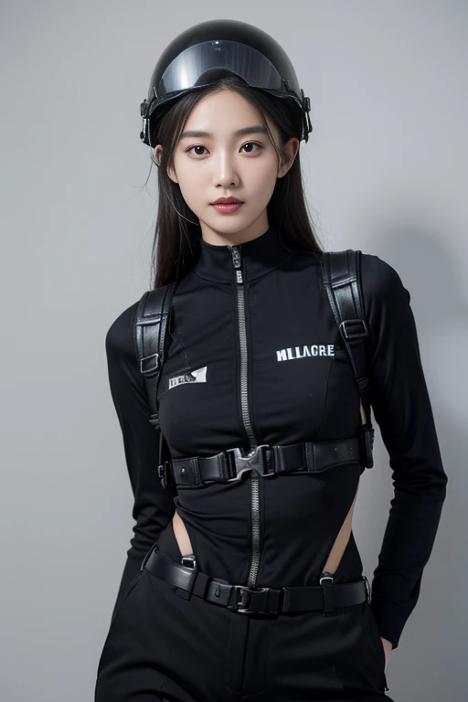 VEE ,she is a soccer player.Best quality, masterpiece, ultra high res, (photorealistic:1.5),detailed skin,more slender and thin body,17 year old,baby face,more realistic skin,small ,,deep , {model intro},HI.. my name is VEE ,I am a slim and thinny-17 years old girl long hair,I'm studying in a collage,((what a slim and fragile girl she is !!!)),slenderness,thin and thin,eyes mascara, slender body,cheerful smile, white teeth ,mouth open,, smile,UHD, , (Black racing suit、I like police uniforms, A large number of equipment、Wearing a military ,tactical cargo pants, Have a submachine gun),gray background,Special Forces Helmet、terrorist alert、patrol、