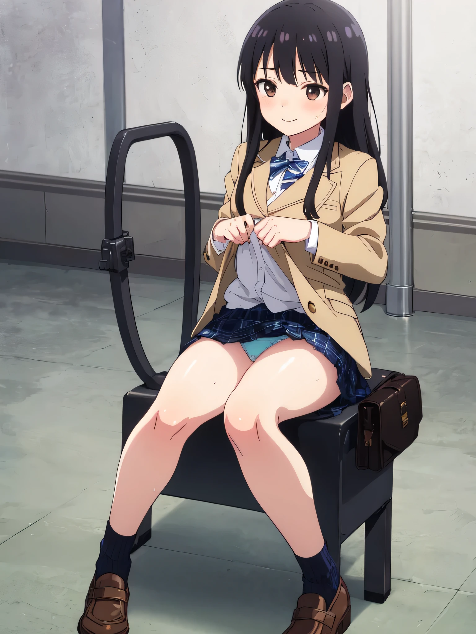(Masterpiece:1.2, high quality), (pixiv:1.4), (anime:1.4) wearing underwear, panties, loose socks, black hair, buttocks, brown eyes, blue skirt, solo, blazer type , panties, loose socks, black hair, lifting clothes, brown eyes, blue skirt, pure gaze, , miniskirt, herself lift, plaid skirt, kawaii, blush, a smile, (sweat), Long hair, Physical education sitting, beauty legs, Schools