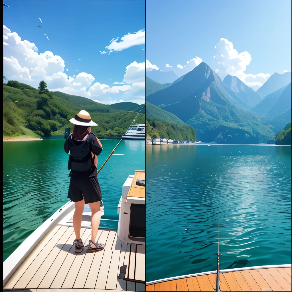 araffe fishing on a boat with a woman holding a rod, Bottom Angle, 人们在边缘fishing, Fish in the background, Bottom shot, On the Lake, wide angle panorama, on a boat On the Lake, fishing, Photo taken in 2 0 2 0, on the bow, cover shoot, Have a great time, Over the shoulder shot