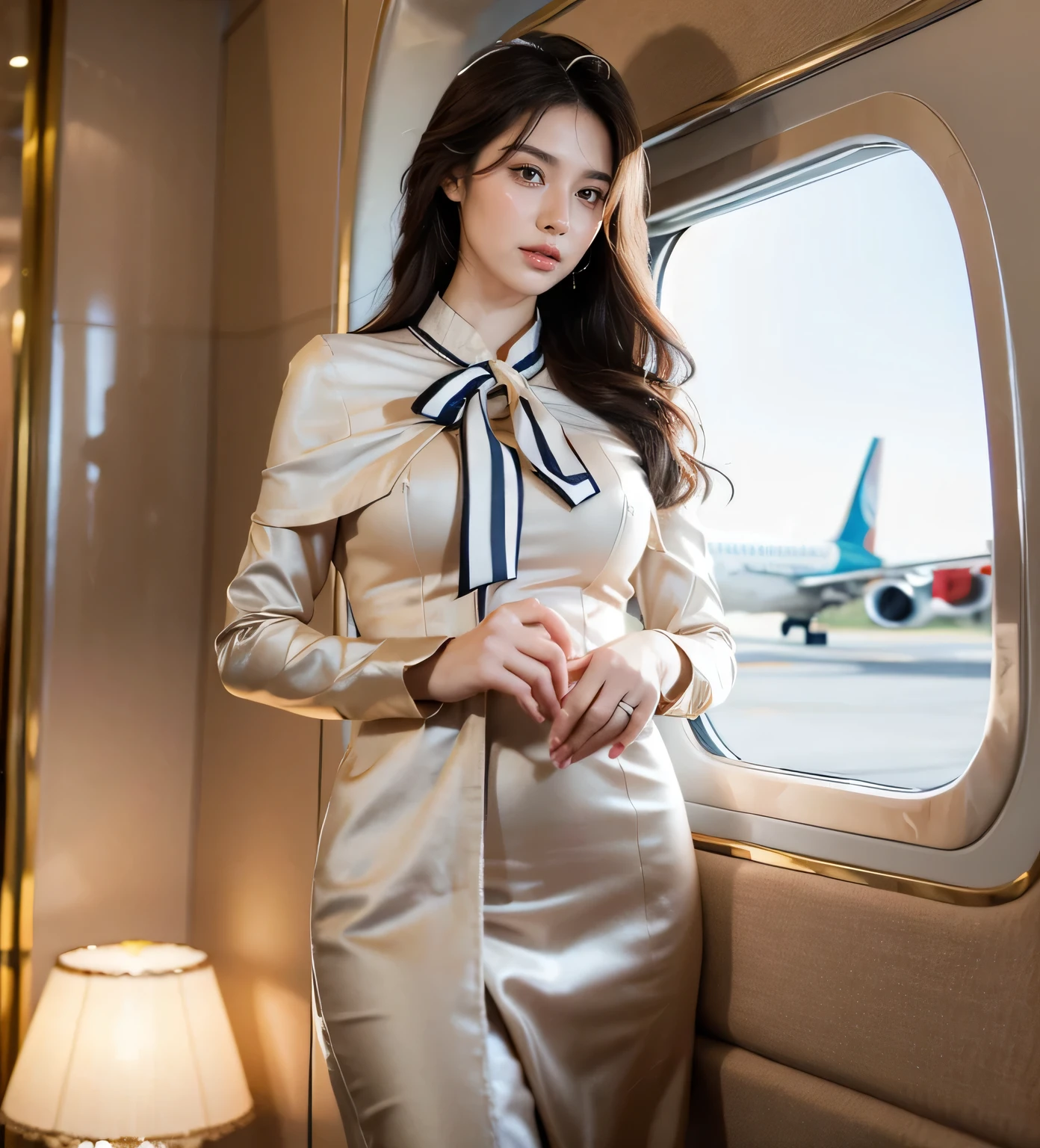 (goddess-like happiness:1.2), Caucasian beauty stewardess, shoulder-length hair, wheat complexion, The hair is neatly tied up, on the plane, elegant, stunning, gorgeous, vivid, masterpiece, glamorous, realistic, aesthetic, depth of field, Best quality, masterpiece, ultra high res, photorealistic, raw photobest ratio, cinematic lighting, Arabian Style, (RAW photo:1.2), (photorealistic:1.4), (masterpiece:1.3), (intricate details:1.2), A glamorous Arabian beauty stewardess walks confidently and elegantly in the cabin of an Arabian airliner wearing an Arabian stewardess uniform.