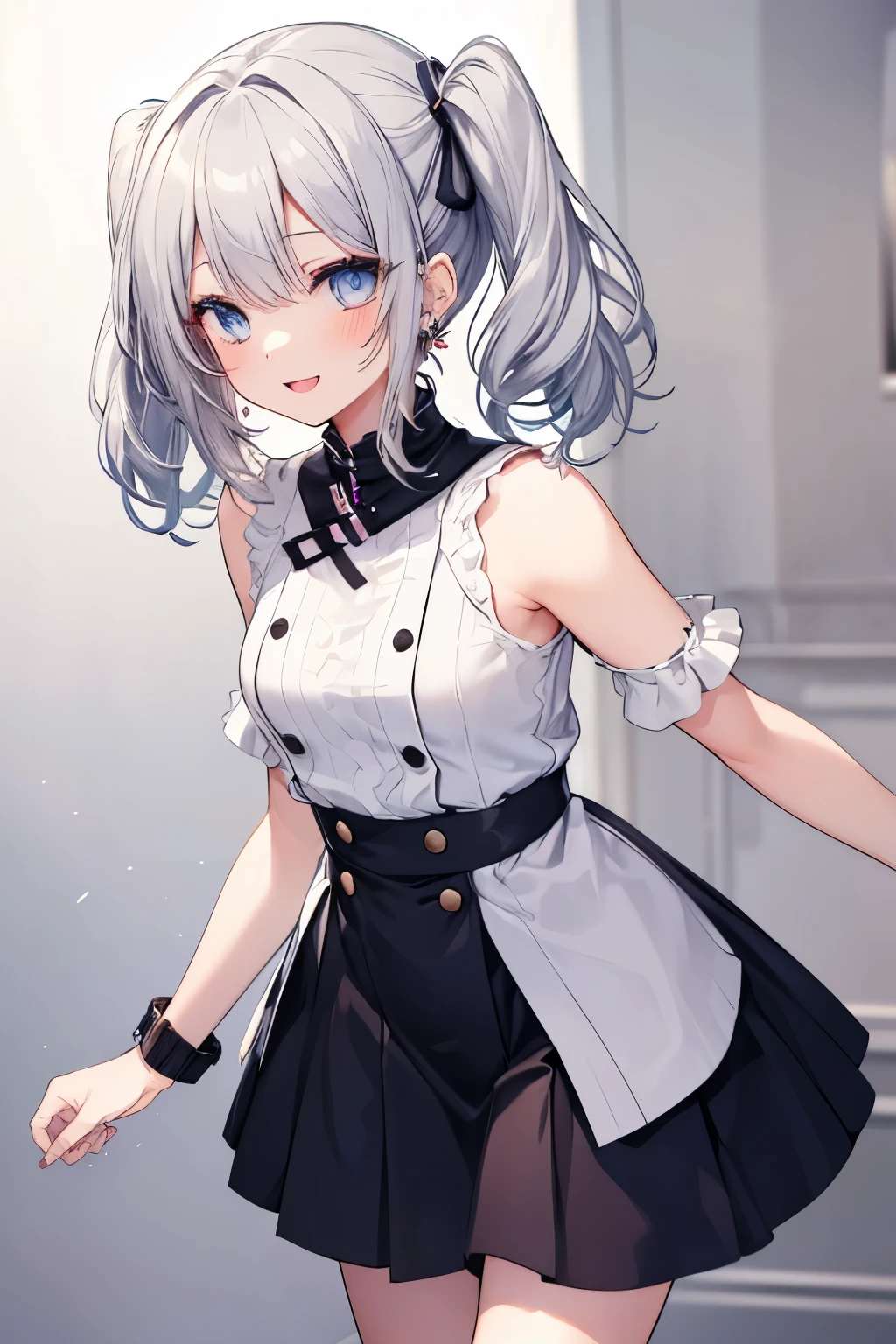 Silver-haired blue eyes、 girl、Small breasts、Twin tails、Laughter、Nico Nico Smile、Wink、 girl、Looks about 15 years old、Petan Musume、short、There are highlights in the eyes、Gal-like appearance、Wearing piercings、She leans forward and seduces、Knit short sleeveini skirt、It's very hot and I'm sweating