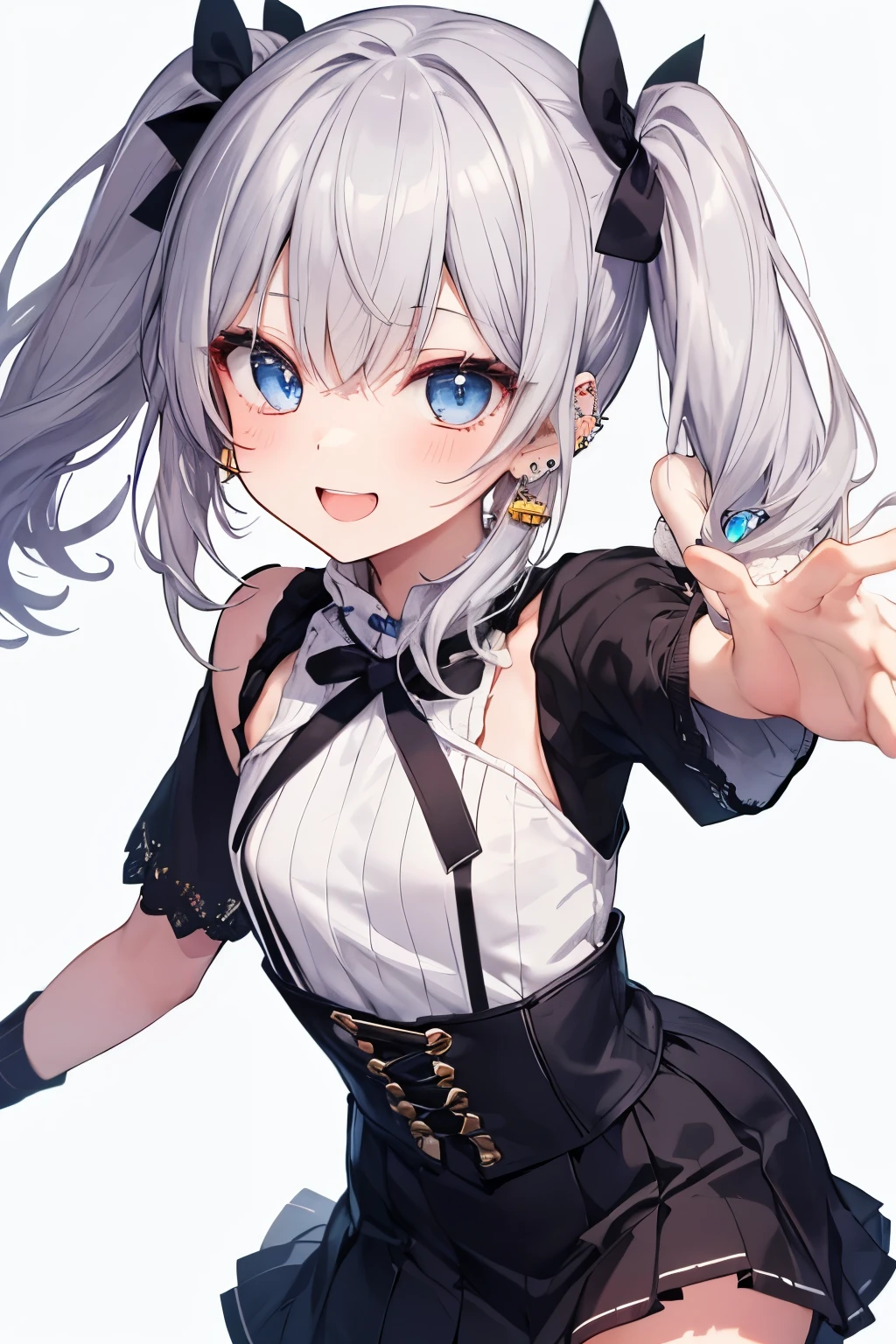 Silver-haired blue eyes、 girl、Small breasts、Twin tails、Laughter、Nico Nico Smile、Wink、 girl、Looks about 15 years old、Petan Musume、short、There are highlights in the eyes、Gal-like appearance、Wearing piercings、She leans forward and seduces、Knit short sleeveini skirt、It&#39;s very hot and I&#39;m sweating