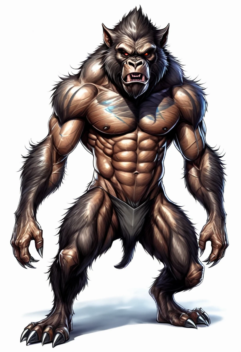 brutal werewolf, muscular In the style of primitive apes, menacing look, epic full color humanoid ape fantasy race, courageous monster tough guy, эпический стиль a comicов, Combat fantasy image, anthropomorphic gangster Werewolf, sketch, sketch on a white background, postcard, humor, a comic, neo-surrealism, full-length character, children&#39;s style, sketch using colored pencils technique, aesthetically pleasing, beautiful, Bright lighting