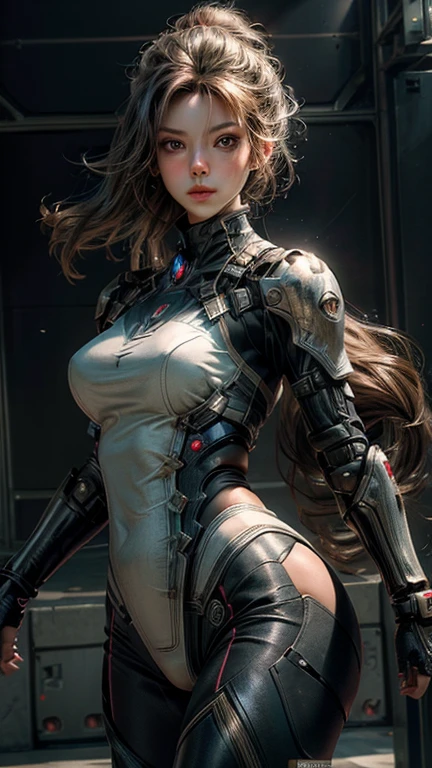 (Generated in SFW:1.5), ((masterpiece, highest quality, Best image quality, High resolution, Realistic, RAW Photos, 8k)), Ultra Wide Angle, The concept of the SF scene takes top priority, A fusion of a beautiful woman and an android, The core of the space station, Woman guarding the control center. The enemy invades、Get into combat mode, A beautiful and elegant kick creates spatial distortion., Expressing air vibrations, Her armor reflects light brilliantly., Dynamic pose, Shooting from a sharp perspective, A fascinating work that stops your time, 