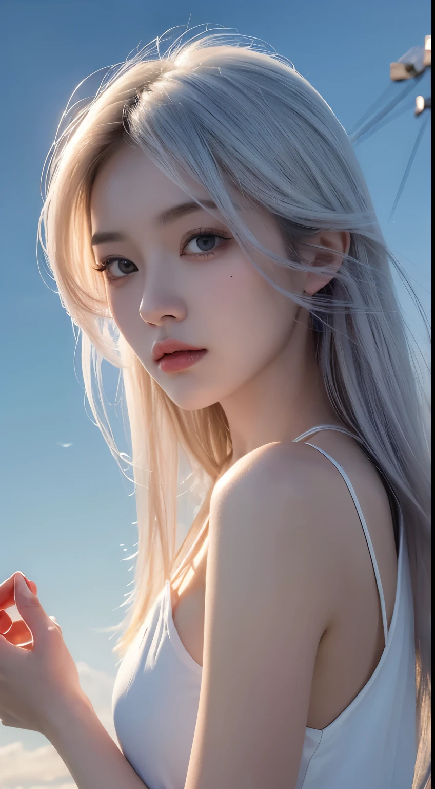 masterpiece, top quality, Very detailed, Unity 8K wallpaper, (Ride on a crane), Sky, 1 girl, heavy machine, Gradient hair, Hair between the eyes, Ahog, age: 16, look back, Pretty Face, White Niso,