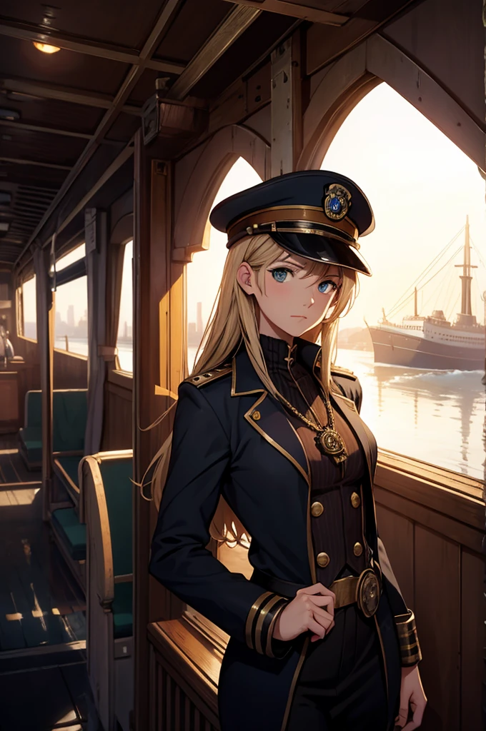 titanic reimagined as a 26 year old steampunk capitaine girl aborde a train looking over a steampunk town