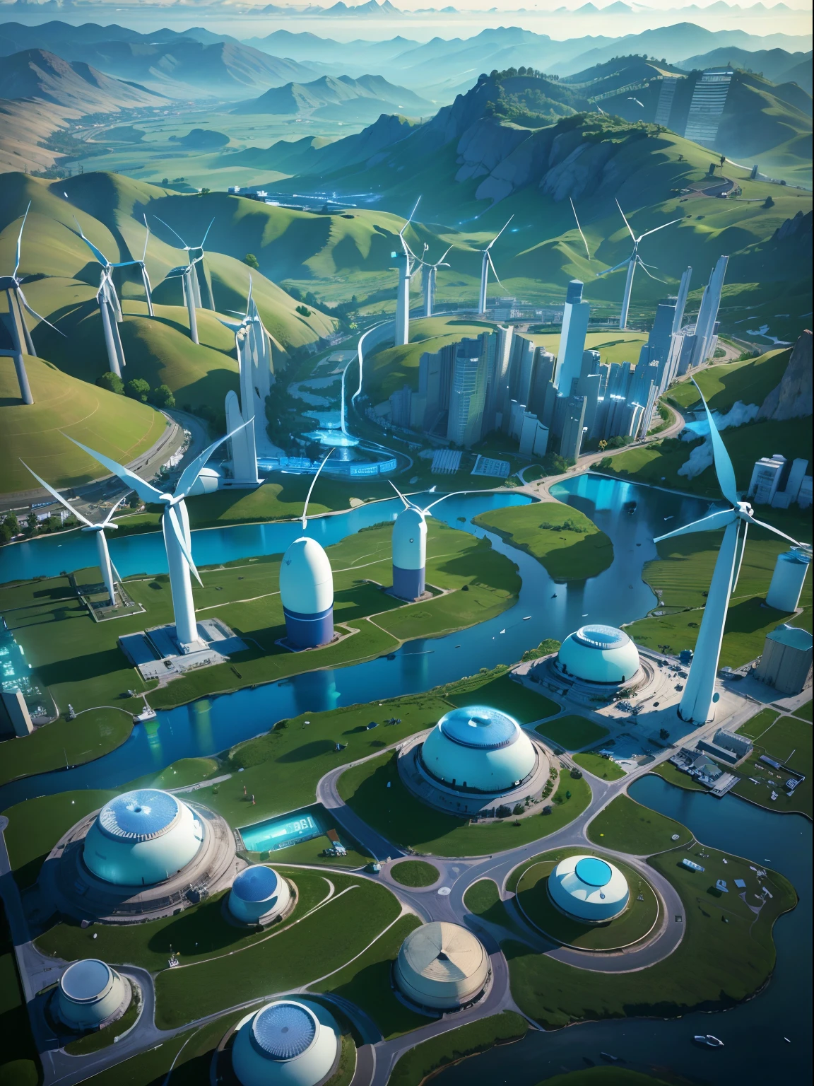 (best quality,4k,8k,highres,masterpiece:1.2),ultra-detailed,(realistic,photorealistic,photo-realistic:1.37),futuristic,sci-fi world,advanced technology farm,agricultural cultivation,well-maintained farmland,interconnected farmlands,futuristic blue neon lights,architecture of the tech village,blue river in the background,mountains in the distance,a row of wind turbines on the mountain,wind power,green energy,aerial view,cyberpunk style,traffic-dominated city,modern technology,surreal,sci-fi,futuristic cityscape,highres,cityscape,residential buildings,landscape