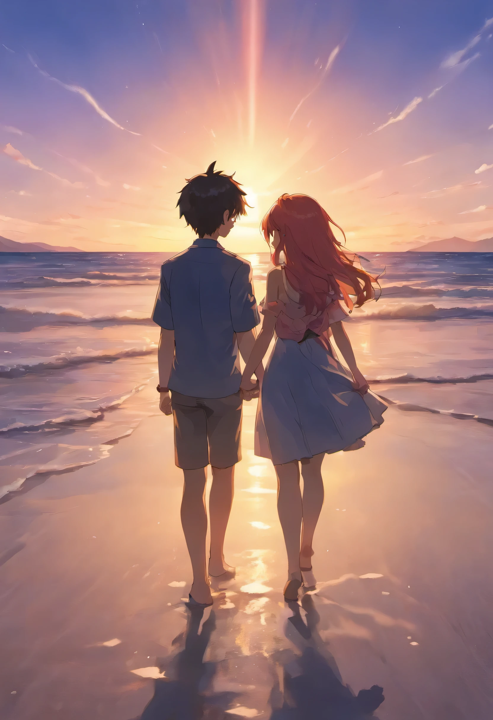 ((A couple watching the sunset on a shallow, quiet beach、snuggle、Couple holding hands watching sunset、The sunset seen between the shadows of two people、Big sun setting into the horizon、The setting sun turned the entire sky bright red、The area is Xu々It's getting dark、The two of them photographed the sunset behind them side by side)):1.8、8k、original photo、Very detailed background,Practical,Ultra Detailed,Super delicate skin,Light,Film Grain,According to two,lens flare,Sharpen,Movie Shadows、Photorealistic