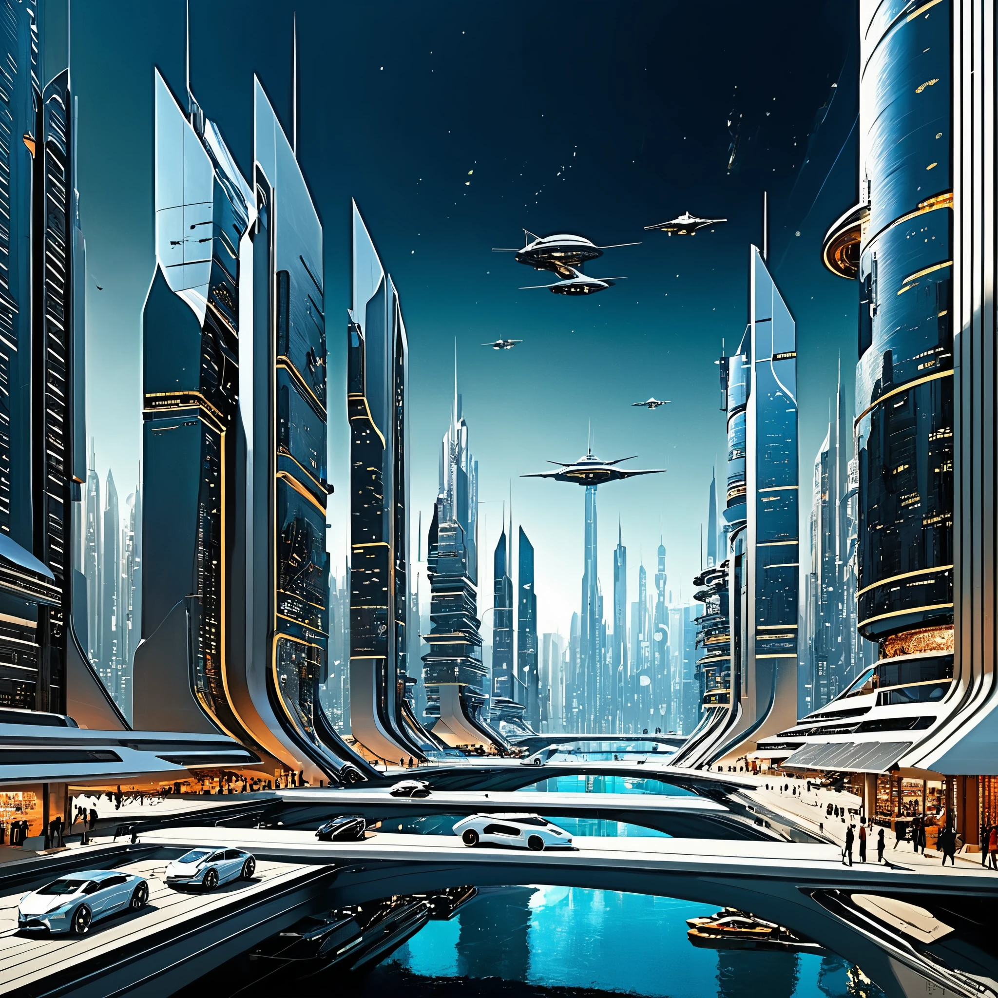 Imagine a sprawling futuristic cityscape, inspired by the iconic sci-fi works of John Berkey. Leonardo AI is seamlessly woven into the fabric of everyday life, with sleek buildings, flying vehicles, and advanced technology merging seamlessly. Think of it as a cyberpunk metropolis with a touch of Berkey's dramatic lighting and futuristic aesthetics.