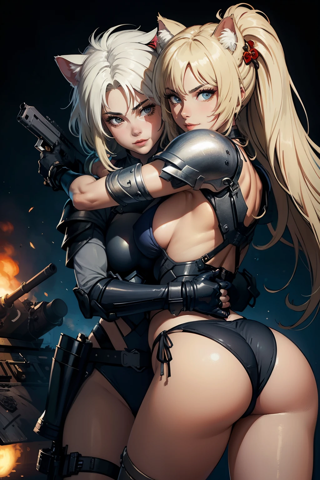 ((highest quality)), ((masterpiece)), (be familiar with), (High definition), 8K, Perfect Face、2Women、Two blonde women with cat ears standing side by side、(Hugging from behind:1.3)、(Smile)、tall、2 Blonde cat ears、2. Long Hair、2. Volumetric hair style、Large Breasts、Narrow waist、Big Ass、glamorous、Alluring、Bikini Protector、Armor、combat suit、Combat Boots、Armament、Equipped with large firearms、Posing in front of a tank、Cinematic、Best Shadow、Side lighting、NEO TOKYO、explosion、(Close-up of two faces:1.1)
