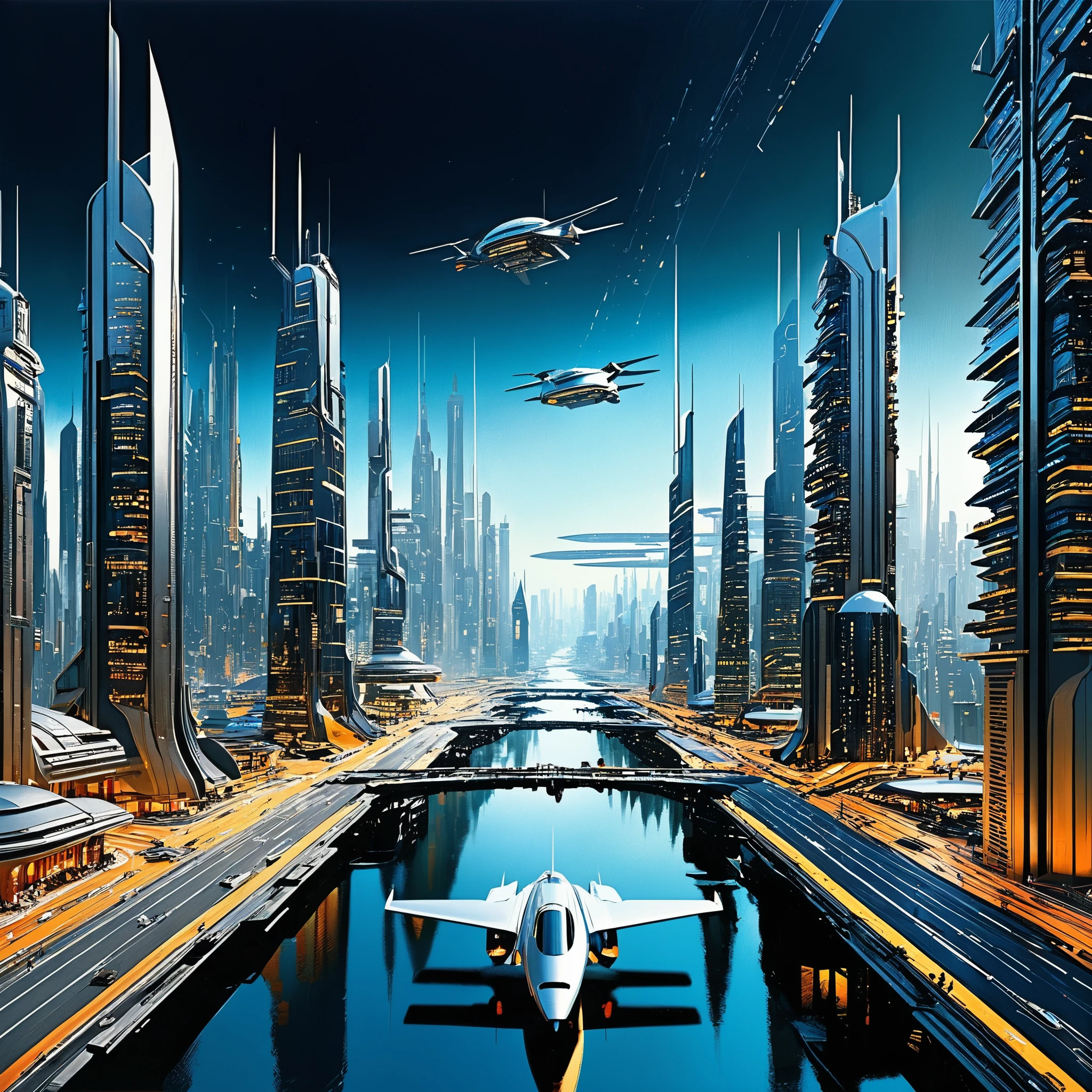 Imagine a sprawling futuristic cityscape, inspired by the iconic sci-fi works of John Berkey. Leonardo AI is seamlessly woven into the fabric of everyday life, with sleek buildings, flying vehicles, and advanced technology merging seamlessly. Think of it as a cyberpunk metropolis with a touch of Berkey's dramatic lighting and futuristic aesthetics.