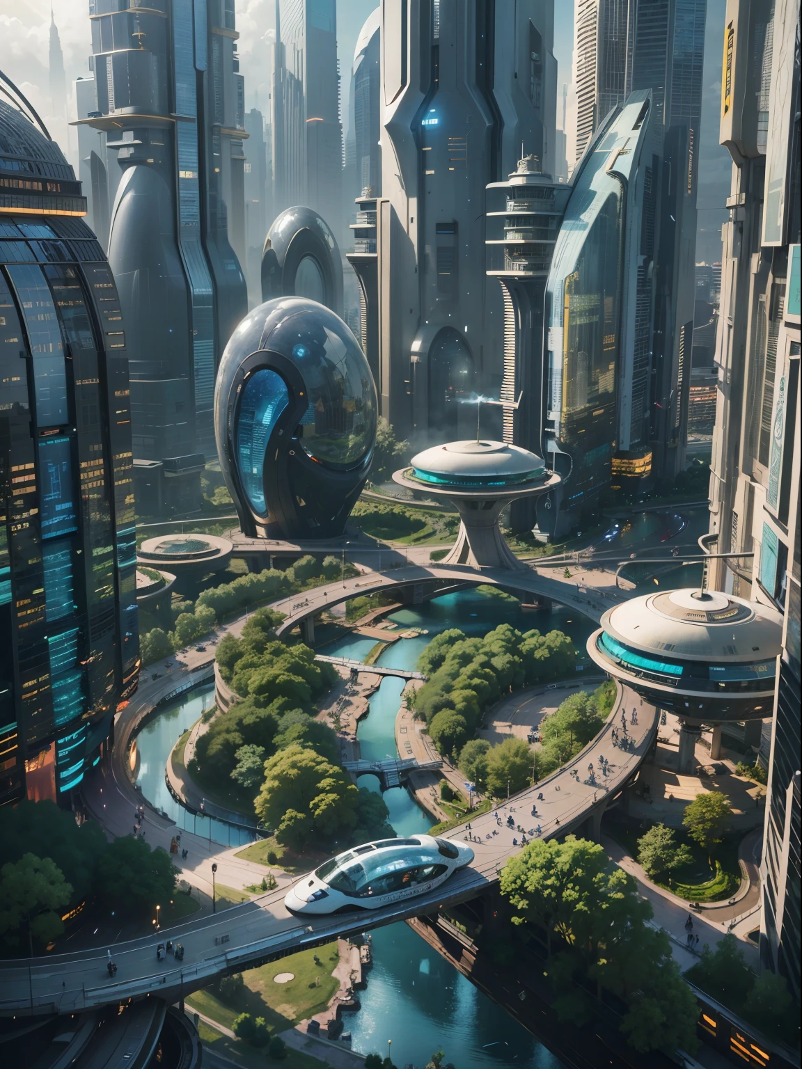 Future city future architecture dream city technology design silver、Money、Copper glass exterior Colorful avenue landscape Sunlight shining on the road Busy traffic similar to Coruscant Vibrant future scene Unreal Engine：Realism：1.4，masterpiece：1.8，Otherworldly，Lots of alien vegetation，Intricate flowers，Stunning artwork。（Best quality，4k，8K，high resolution，masterpiece：1.2）Ultra-thin paint，Sharp focus，Physically based representation，Very detailed description，major，Vibrant colors，Fantastic city，The capital of the empire，Super tall skyscraper。Space tower where the star cruiser is moored，pierce the sky，Bright city lights，Rivers running through the city，Waterfall in a city garden，In the midst of a bustling cityscape，Its architectural wonders are reflected in the futuristic style。When the hovercar glides easily in the air，Full of life，Full of life。，Full of life。，Full of life。，Full of life现代技术