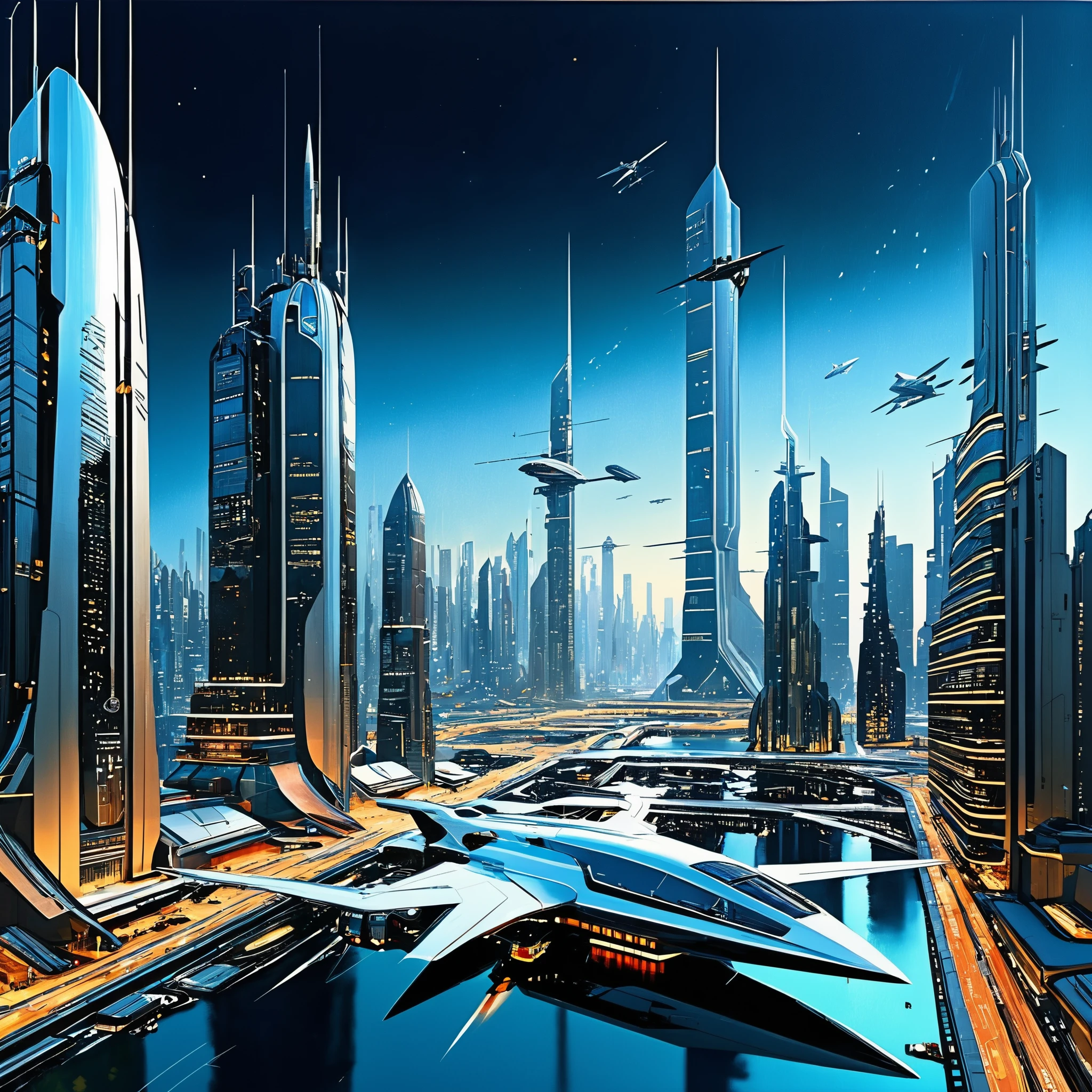 Imagine a sprawling futuristic cityscape, inspired by the iconic sci-fi works of John Berkey. Leonardo AI is seamlessly woven into the fabric of everyday life, with sleek buildings, flying vehicles, and advanced technology merging seamlessly. Think of it as a cyberpunk metropolis with a touch of Berkey's dramatic lighting and futuristic aesthetics.