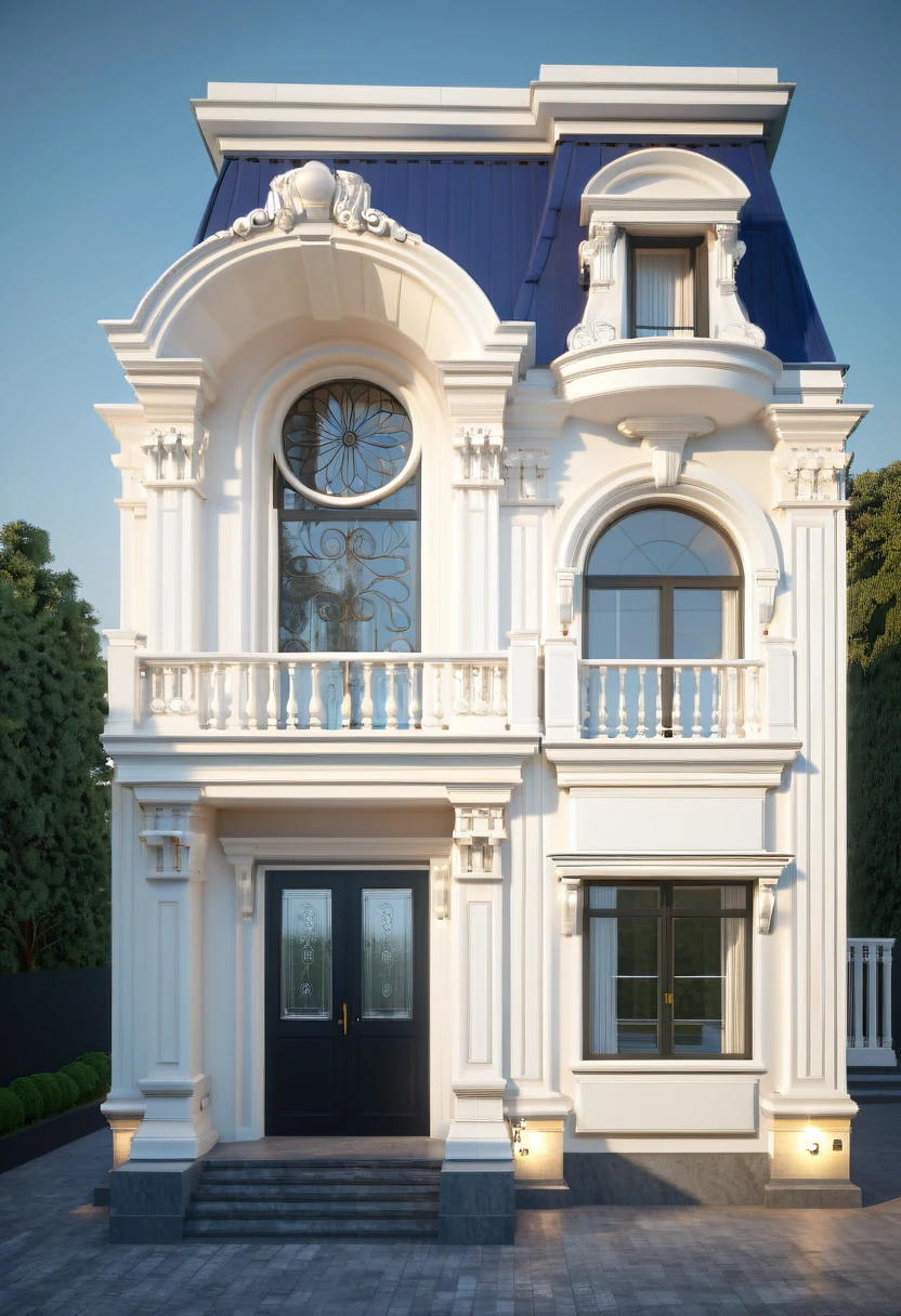 RAW photo, masterpiece, house with a car parked in front of it, neo - classical style, rendered in lumion pro, classicism style, classicism artstyle, lumion render, rendered in lumion, architectural visualization, neoclassical style, in style of classicism, white light sun, rendered in vray, rendered in v-ray, rendered in unreal engine 3d, (photorealistic:1.2), best quality, ultra high res, exterior, architechture,modern house,(white wall:1.4), (detail gate black:1.4), (photorealistic:1.4), best quality, ultra high res, exterior,architechture,neoclassic house,(white wall:1.2), (detailed reliefs:1.2), (The front 1st floor has 4 windows), (the right side 1st floor has 4 windows), (the main side has three-step stairs), (the right side has three-step stairs) ,glass windows,,trees,traffic road, blue sky,in the style of realistic hyper-detailed rendering, luxury neoclassical villa, in the style of neoclassical scene, glass windows, (white navy roof:1.2), best quality, (straight strokedetail:1.1) roof top, (Intricate lines:1.4), ((Photorealism:1.4)),(((hyper detail:1.4))), archdaily, award winning design, (dynamic light:1.3), (night light:1.2), (perfect light:1.3), (shimering light :1.4), refection glass windows, (curved line architecture arch:1.2), trees, beautiful sky, photorealistic, FKAA, TXAA, RTX, SSAO, Post Processing, Post-Production, CGI, VFX, SFX, Full color,((Unreal Engine 5)), Canon EOS R5 Camera + Lens RF 45MP full-frame CMOS sensor, HDR, Realistic,8k,((Unreal Engine 5)), Cinematic intricate detail, extreme detail, science, hyper-detail, FKAA, super detail, super realistic, crazy detail, intricate detail, nice color grading, reflected light on glass, eye-catching wall lights, unreal engine 5, octane render, cinematic, trending on artstation, High-fidelity, Viwvid, Crisp, Sharp, Bright, Stunning, ((Lifelike)), Natural, ((Eye-catching)), Illuminating, Flawless, High-quality,Sharp edge rendering, medium soft lighting, photographic render, detailed archviz,3d styl