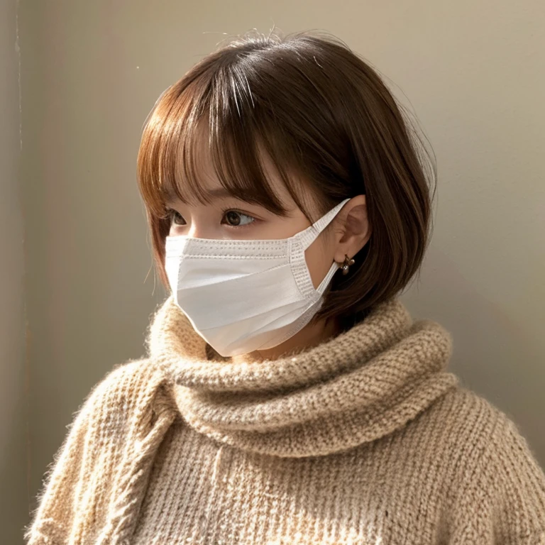 Gagged bitten、Binding the body with a rope、Loose fur、mask、loose knitwear、girl、Short Hair、Brown Hair、beautiful double