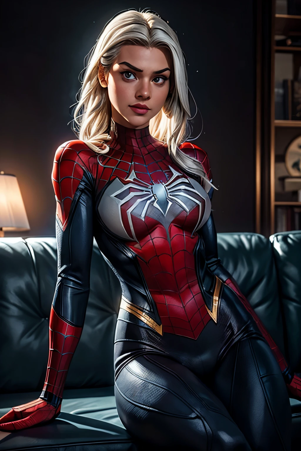 (Extreme Detail CG Unity 8K wallpaper, masterpiece, highest quality), (exquisite lighting and shadow, highly dramatic picture, cinematic lens effect), a girl in a white Spider-Man costume, silver-gray hair color, from the Spider-Man parallel universe, Wenger, Marvel, Spider-Man, sitting on the couch, dynamic pose), (excellent detail, outstanding lighting, wide angle), (excellent rendering, enough to stand out in its class), focus on white Spider-Man costumes, complex spider textures, Perfect composition