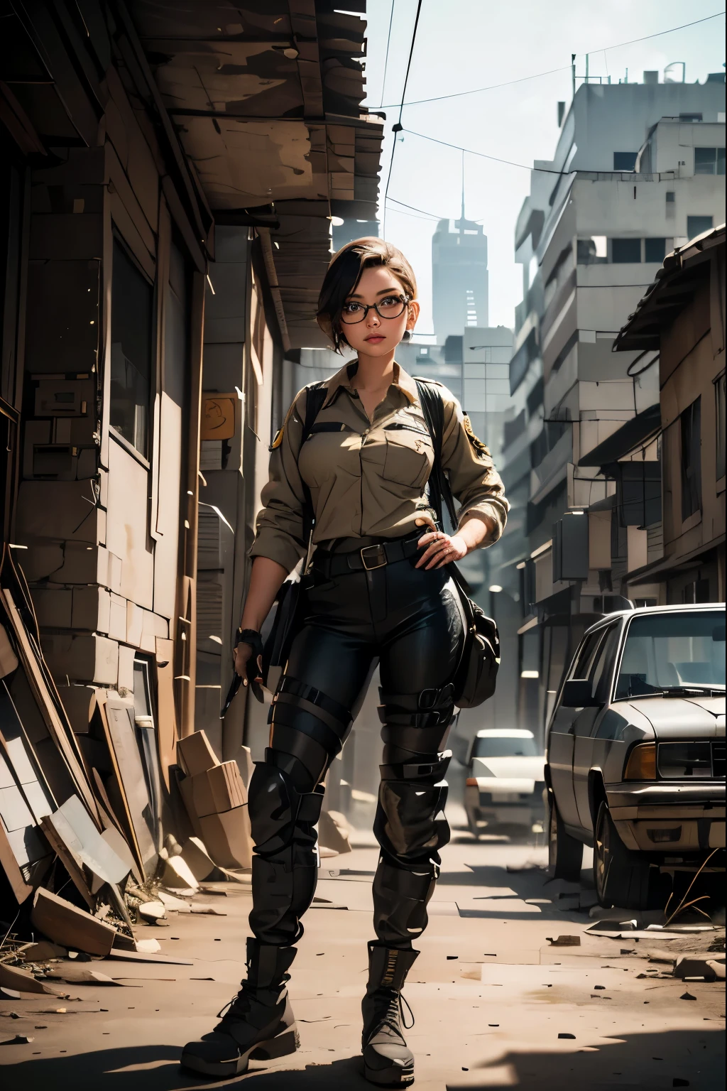 a pretty girl messenger, wearing large glasses, undercut hair, wearing postal uniform, in a post-apocalyptic world