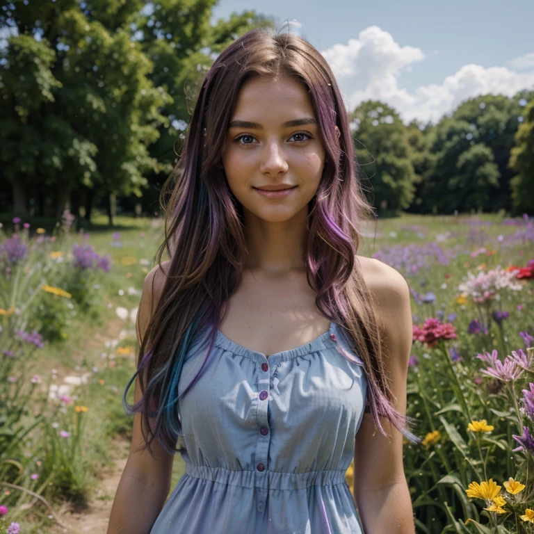 gritty raw photo of a beautiful young woman, 20 years old, long brown hair with colorful (violet, pink and blue) streaks, bright gray eyes, wearing a light, airy summer dress, walking through a vibrant field of wildflowers, smiling joyfully, hyperrealism, 8K UHD, realistic skin texture, flawed skin, shot with Canon EOS 5D Mark IV, highly detailed, masterpiece