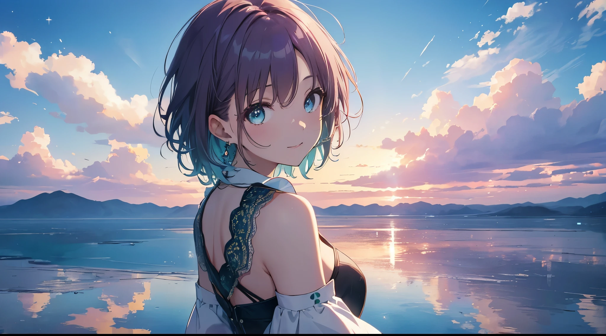 (((Standing in the middle of the lake without sinking)))、(((vast scenery)))、((The surface of the water shimmers quietly, reflecting the blue sky and clouds)))、1girl in、NFSW, (((Toru Asakura:1.37, Solo))), (((Dancing))), (Beautiful face, Cute face, Detailed face), (((Singing))), (((Detailed beautiful green eyes))), BREAK, (((Sunny))), (((In Salar de Uyuni))),(((A mirrored world that is so vast that you can see it))), (((blue hairs、earrings、gradation hair、multi color hair、Parted bangs、Purple hair、short-cut、Idol costume in pure white with a lot of lace embroidery))), BREAK, extremely detailed CG unified 8k wallpaper, very fine 8KCG wallpaper, anime moe art style, Anime visuals of cute girls, anime style portrait, In an anime style, Beautiful anime, 8K Anime Art Style, In anime style、8K animation with detailed drawings, (​masterpiece, Best Quality), High resolution, Ultra-detailed, ultra-sharp, Cinematic lighting、HDR、UHD、8K、Glowing eyes,　blue-sky、sparkling pupils,happy,　sparkling pupils,happy,reaching out ,forward hands,floating hair, shiny hair,outdoors, wind,sparkling pupils,happy,sexy body,(Perfect Anatomy:1.2),((Perfect hands:1.2)),shoot from side、top-quality、Full limbs、complete fingers、、、、A big smile、from above、dutch angle、very wide shot、Reflecting the sky on the surface of the lake「Mirror in the Sky」A mysterious superb view called