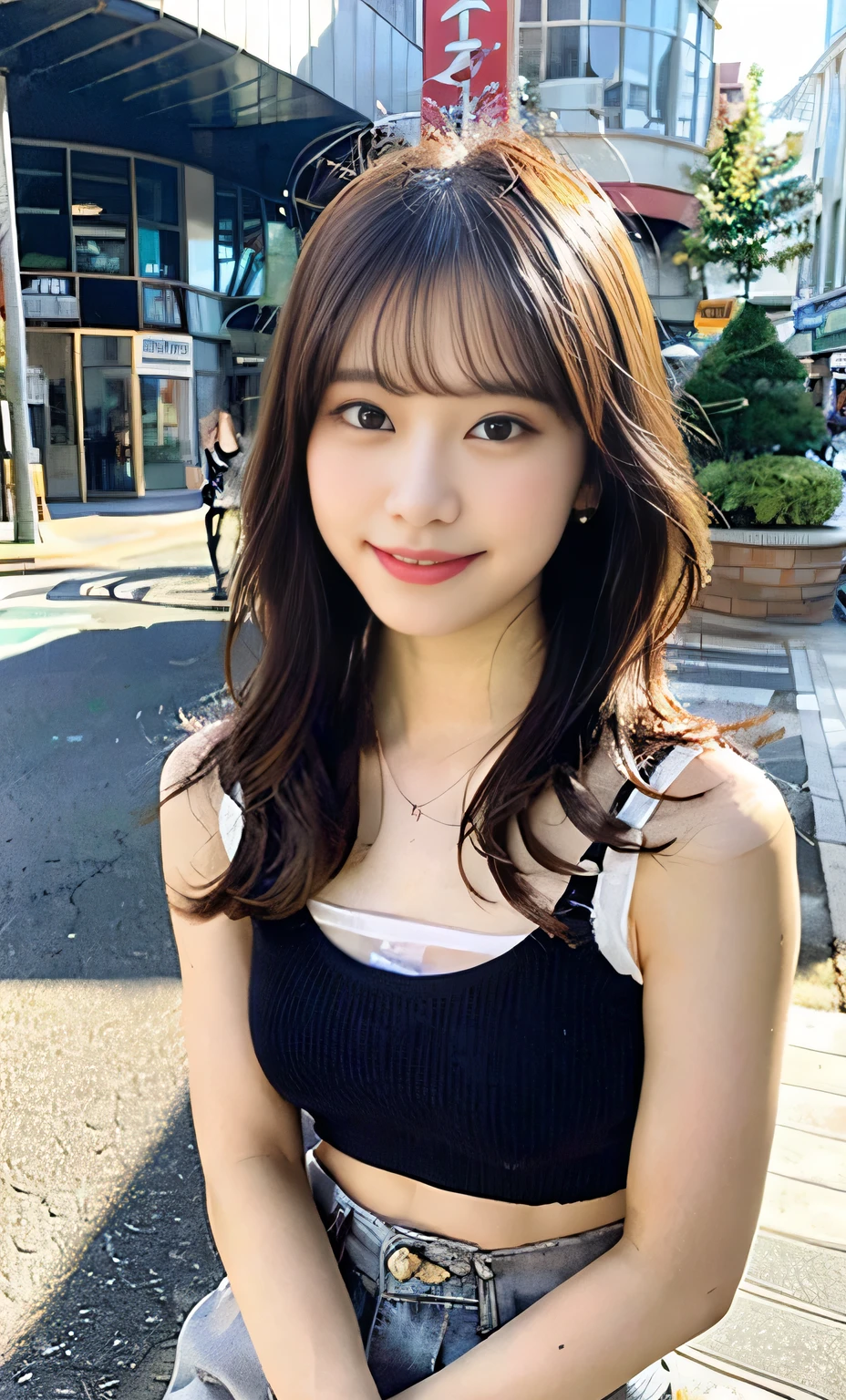 Ulzzang-6500-v1.1, (RAW Photos:1.2), (Realistic:1.4), Beautiful detailed girl, Very detailed eyes and face, Beautiful fine details, Beautiful legs、Ridiculous, Incredibly Ridiculous, Large file size, Super detailed, High resolution, Very detailed, highest quality, masterpiece, Kemomimi,(,Brown shorts、camisole) Face Light, Cinema Lighting, 1 girl, (smile), (Seductive poses))), Full length portrait of a high school girl standing in a bright city street。。She is wearing black loafers on her feet.、The shoes are clearly visible in the bright sunlight.。Behind him are tall buildings and people passing by.々You can see。Her expression is positive and confident。
