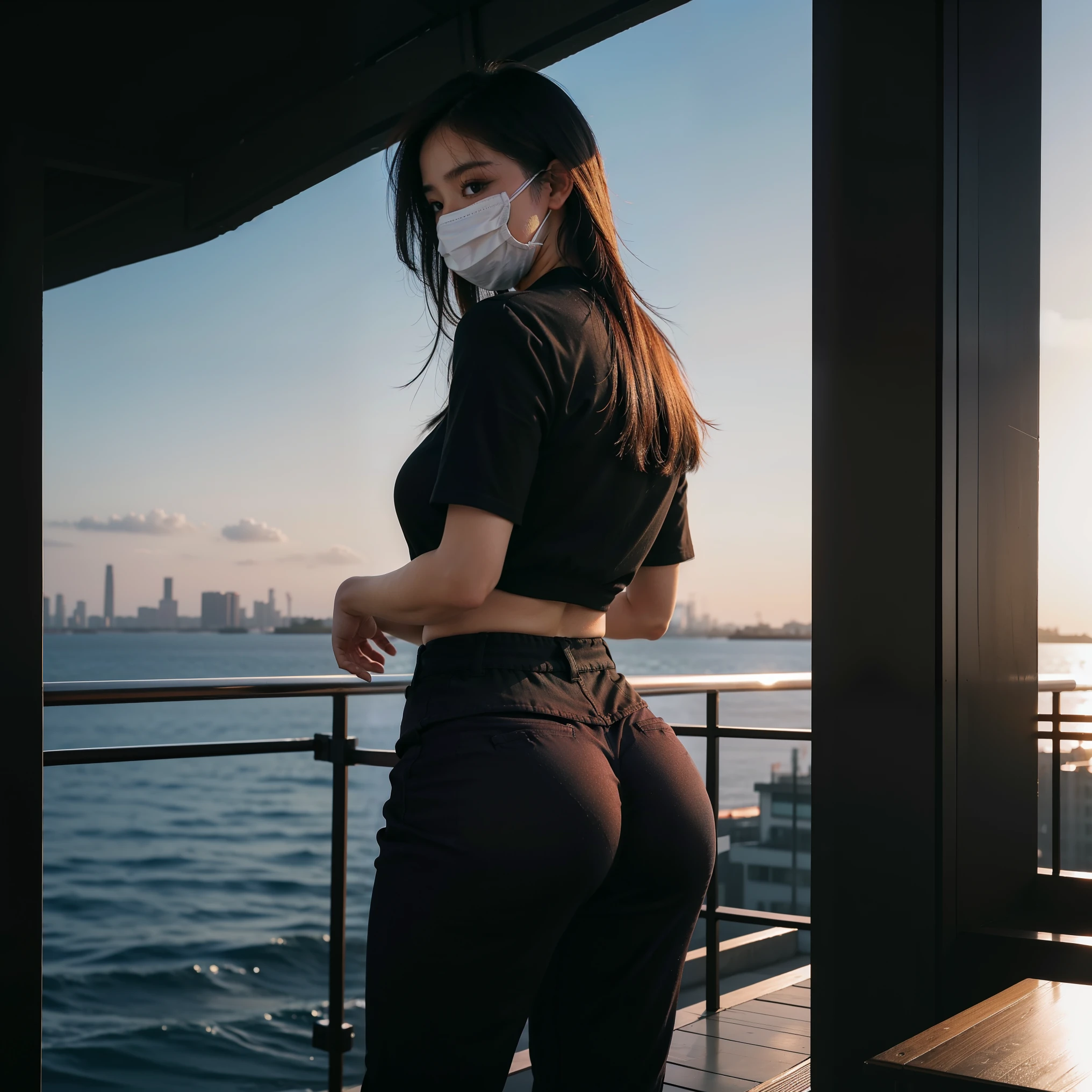 Wear high-waisted black pants,shirt,Plump butt,The back view is also attractive,Wear a mask,Full-body photos disappear,Sunset Cocktails