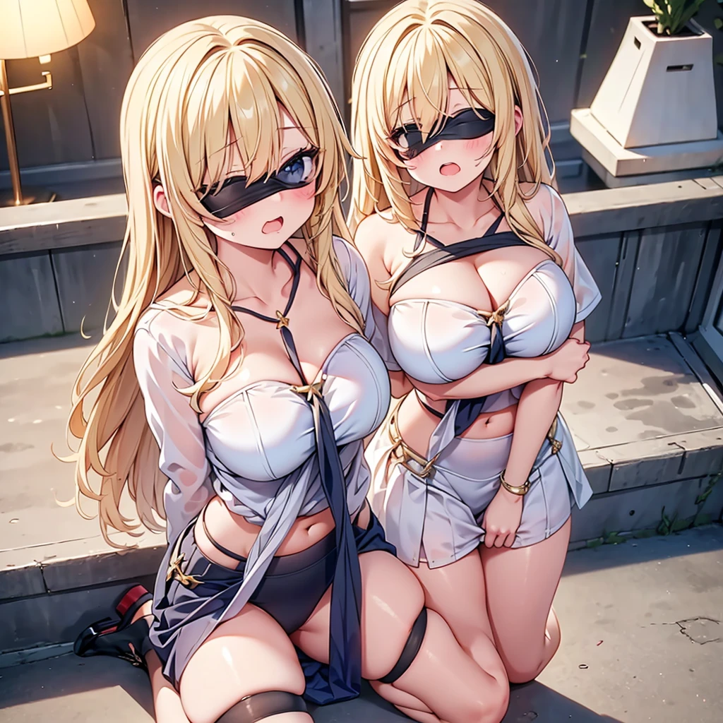 highest quality,wonderful,finely,extremely detailed CG Unity 8K wallpaper, (Stand in line:1.2), (3 girls, blonde, clothed), (huge breasts:1.2), (wariza:1.4), (cleavage), (midriff peek:1.2), (open mouth:1.1), (long tongue:1.1), (mouth drool:1.1), (black stockings:1.1),(Thighs:1.2),(Waistline:1.1),(Waistline),(black blindfold, blindfold:1.5), (From above:1.4)