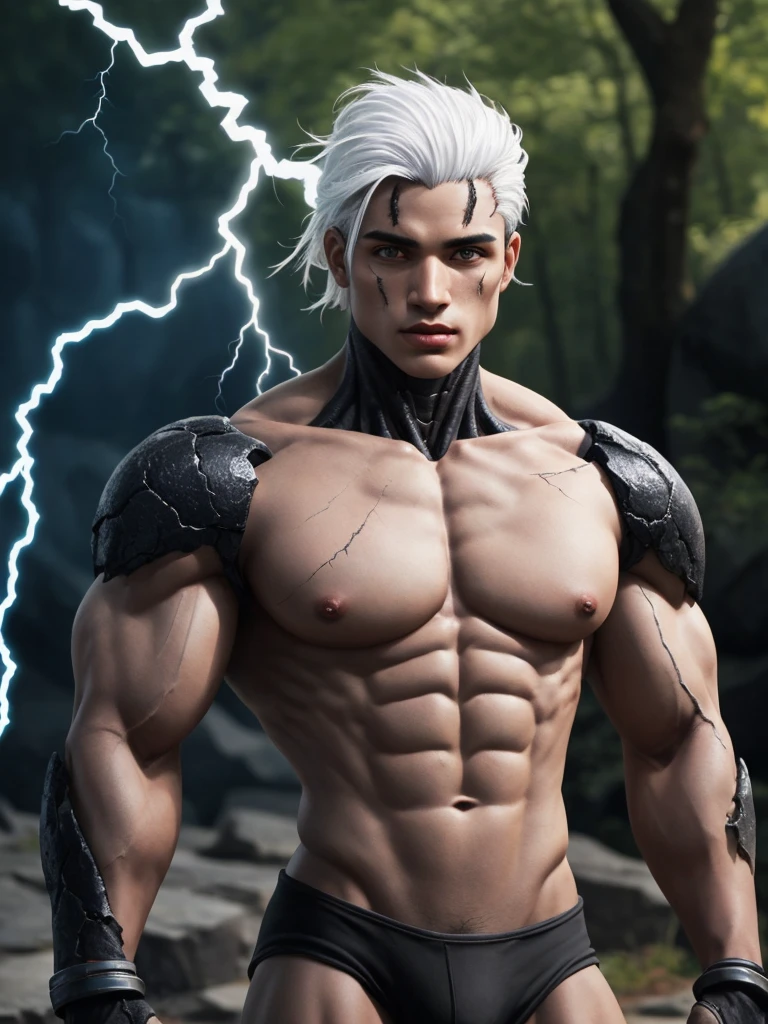 black humanoid made of rock, upper body, barechested, male, ((masterpiece, best quality)), cracked skin, white electricity coming through cracks, muscular male, (dragonborn:0.6), white hair
outdoors, detailed background depth of field