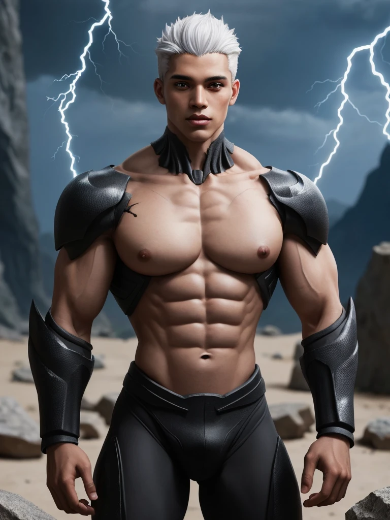 black humanoid made of rock, upper body, barechested, male, ((masterpiece, best quality)), cracked skin, white electricity coming through cracks, muscular male, (dragonborn:0.6), white hair
outdoors, detailed background depth of field